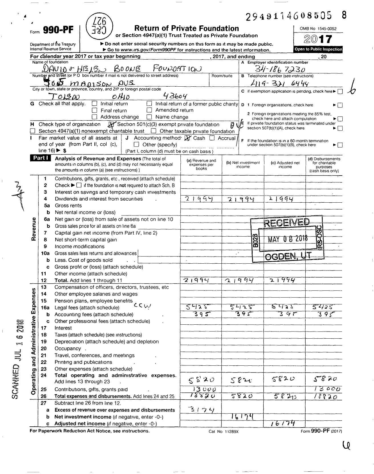 Image of first page of 2017 Form 990PF for David and Helen Boone Foundation