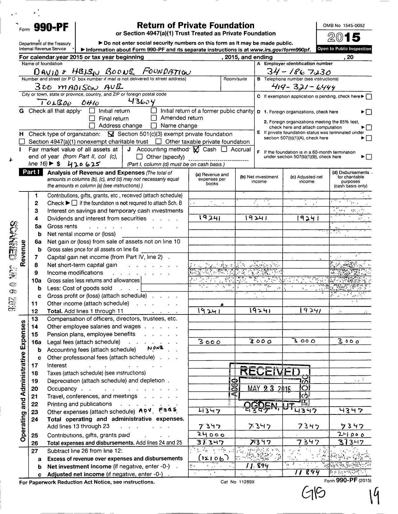 Image of first page of 2015 Form 990PF for David and Helen Boone Foundation