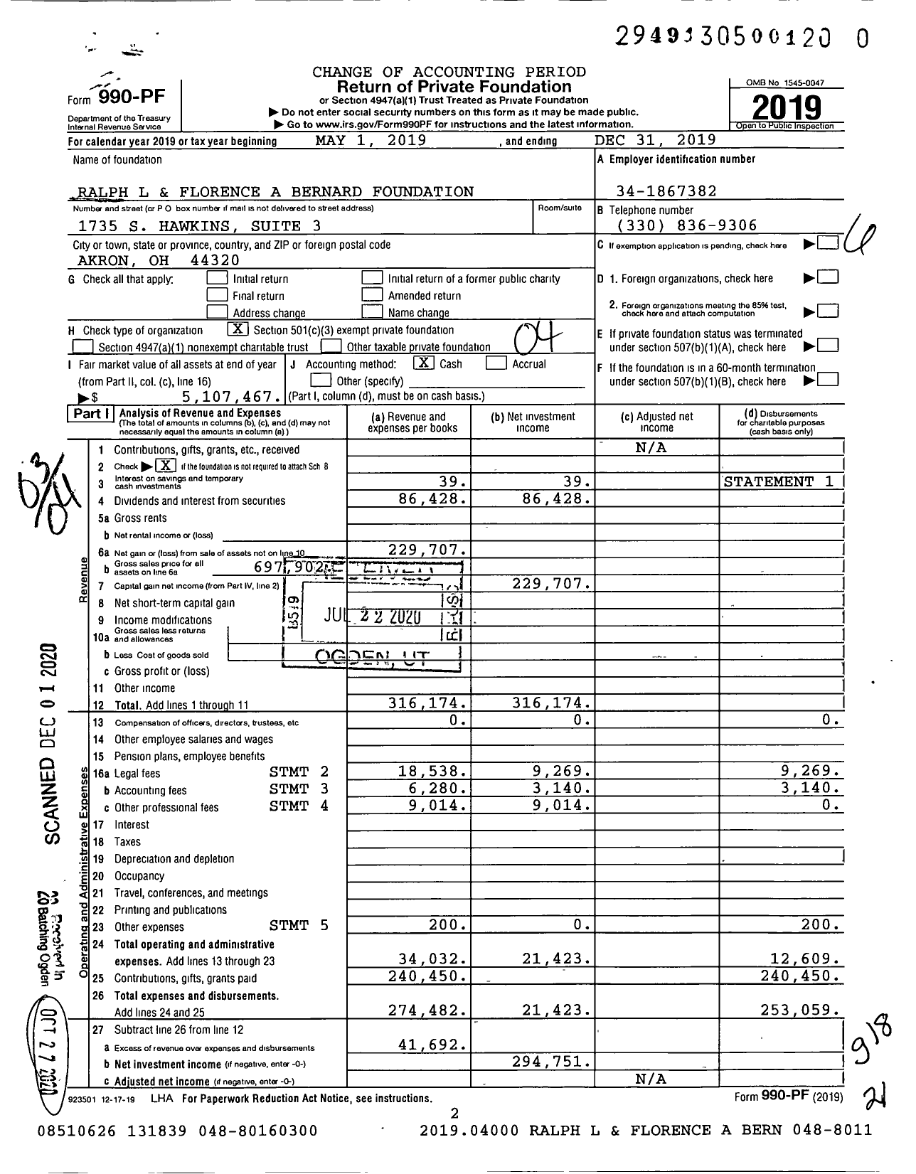 Image of first page of 2019 Form 990PF for Ralph L and Florence A Bernard Foundation