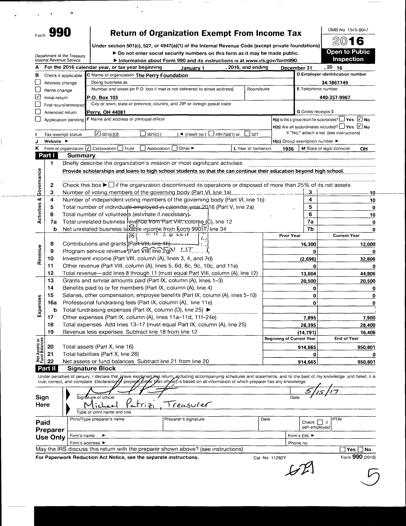 Image of first page of 2016 Form 990 for Perry Foundation