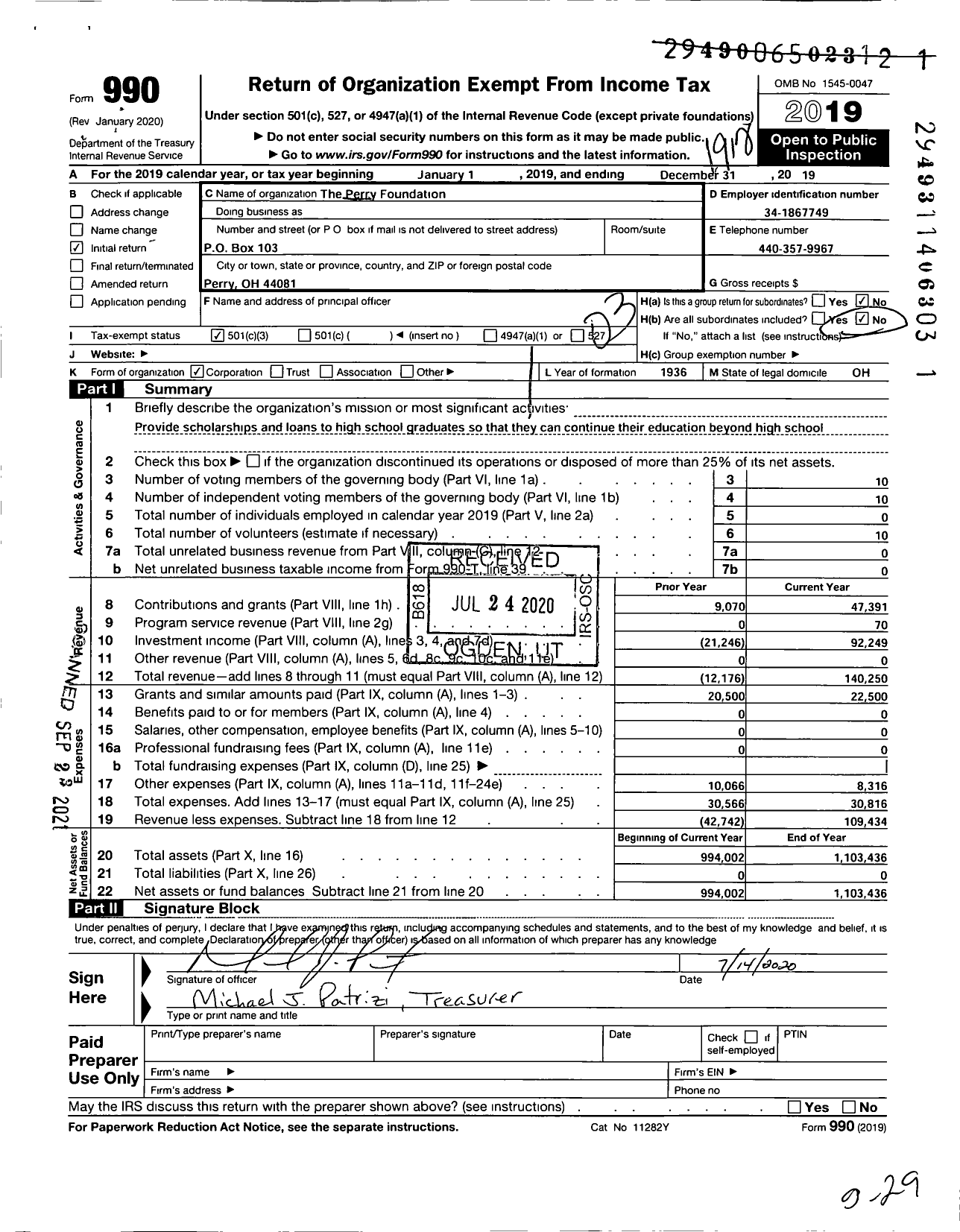 Image of first page of 2019 Form 990 for Perry Foundation