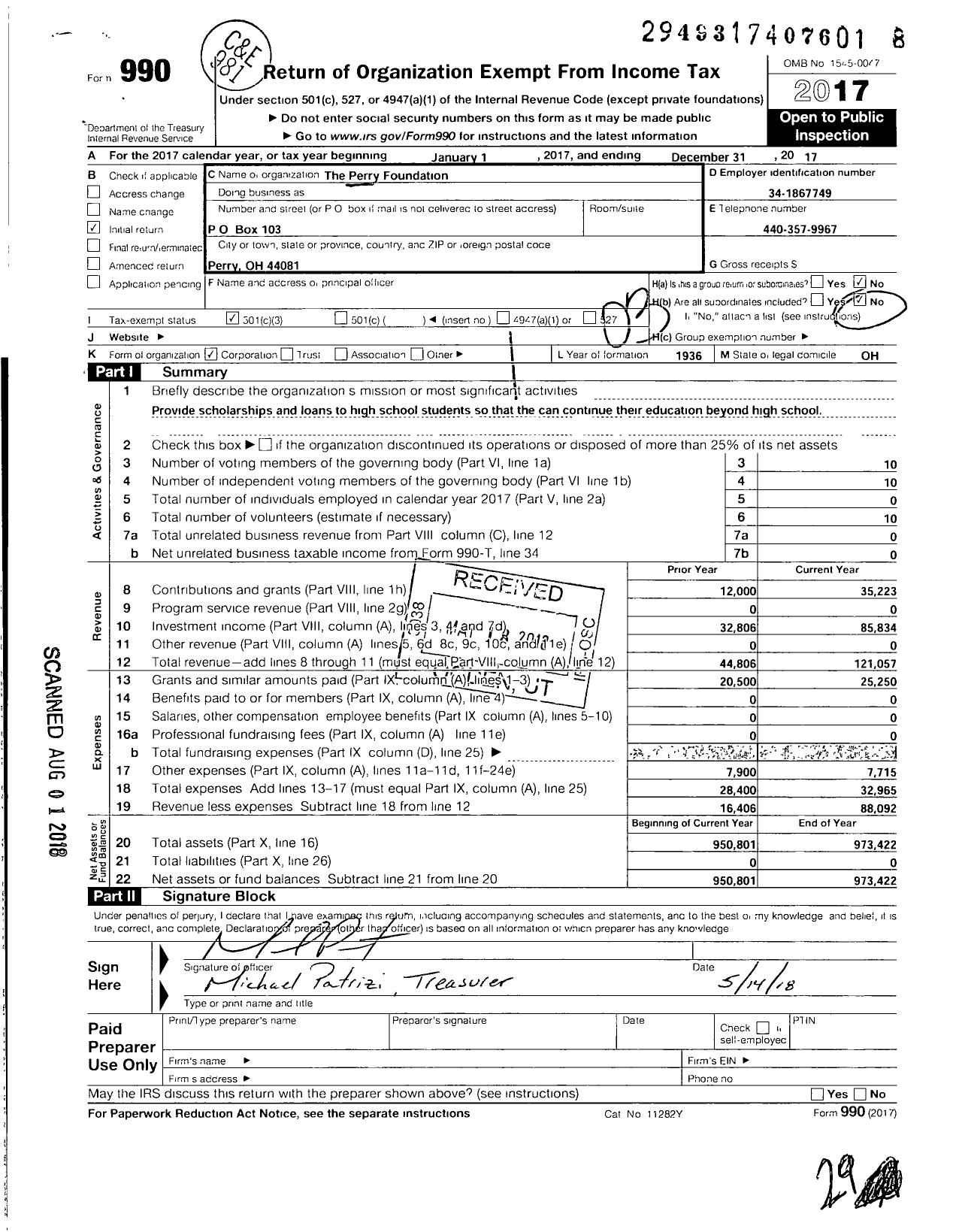 Image of first page of 2017 Form 990 for Perry Foundation