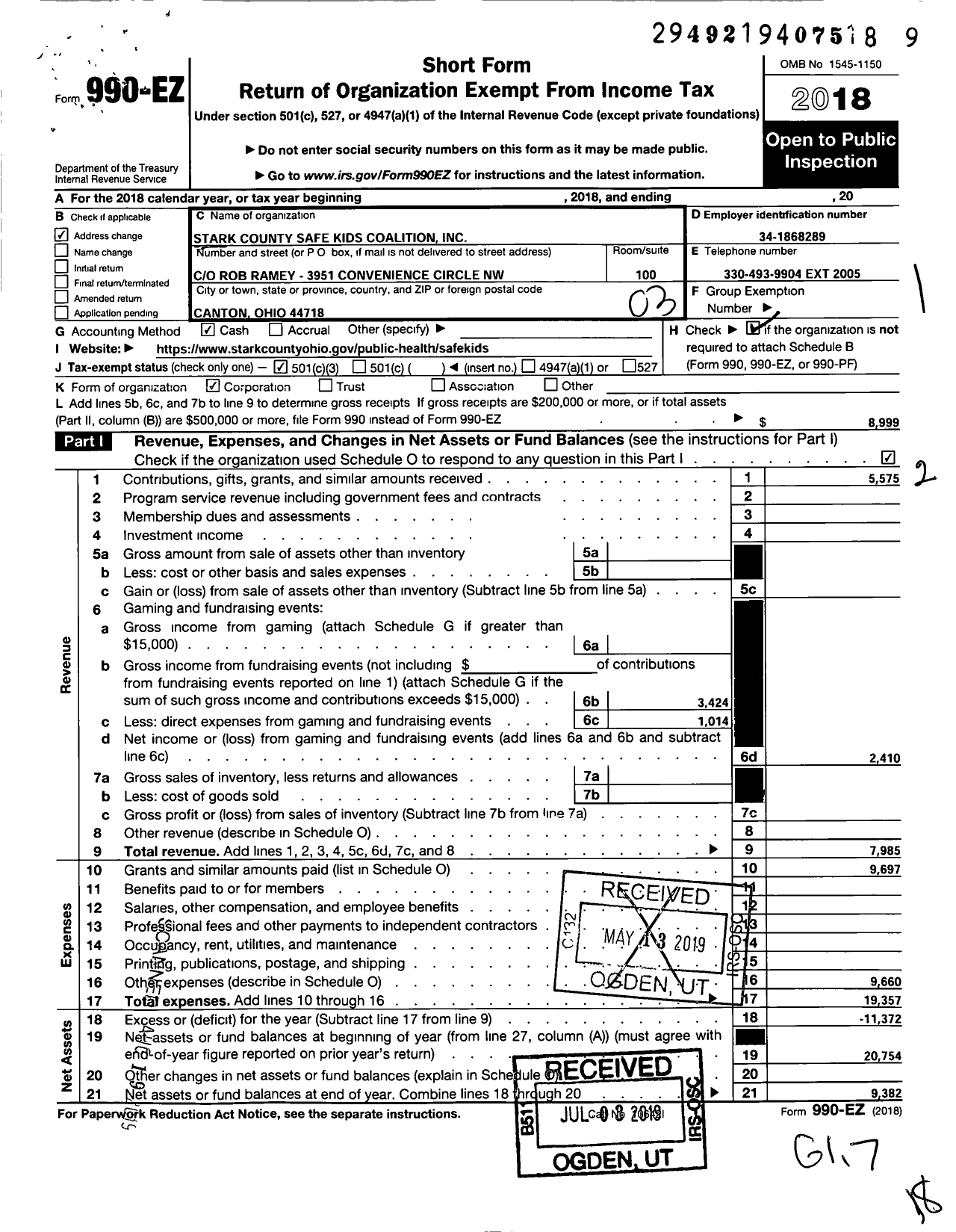 Image of first page of 2018 Form 990EZ for Stark County Safe Kids Coalition