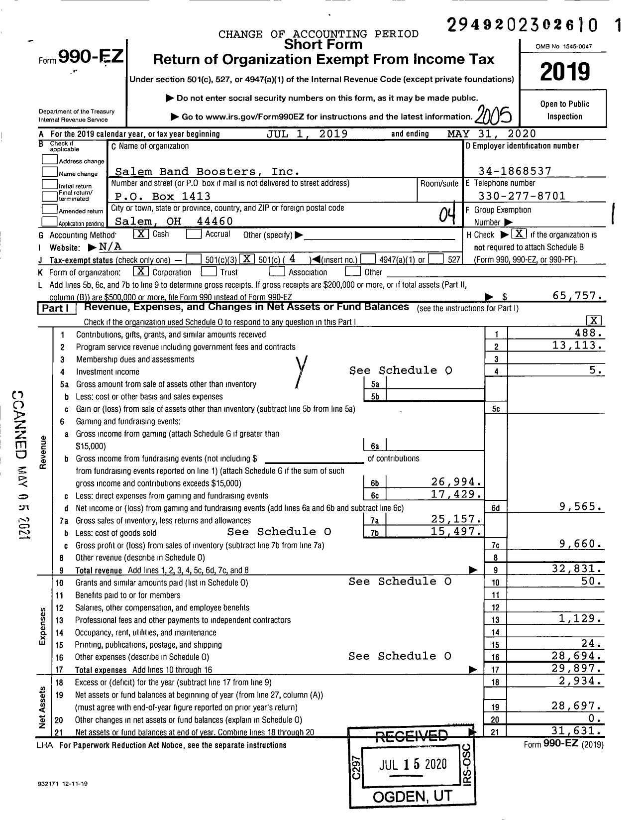 Image of first page of 2019 Form 990EO for Salem Band Boosters