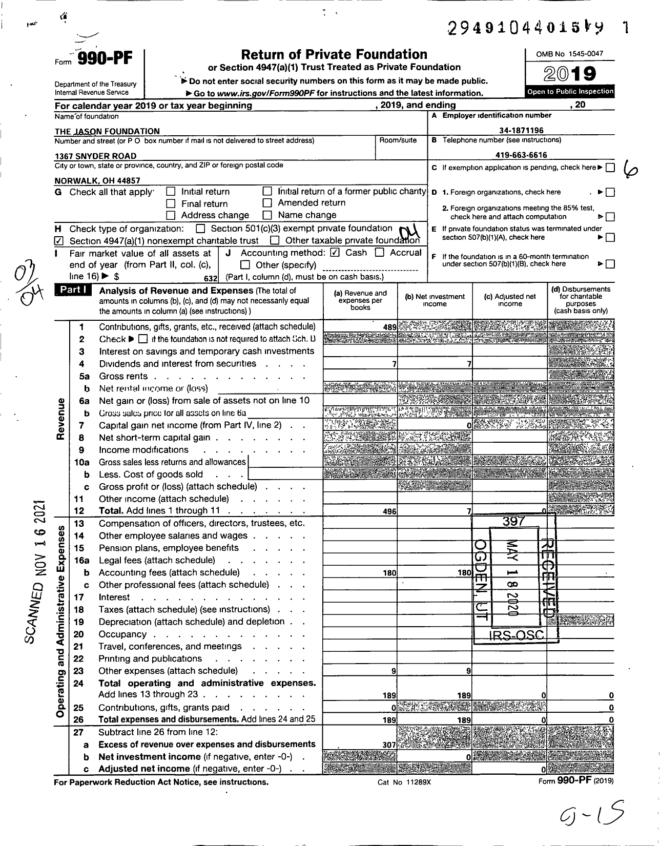 Image of first page of 2019 Form 990PF for The Jason Foundation