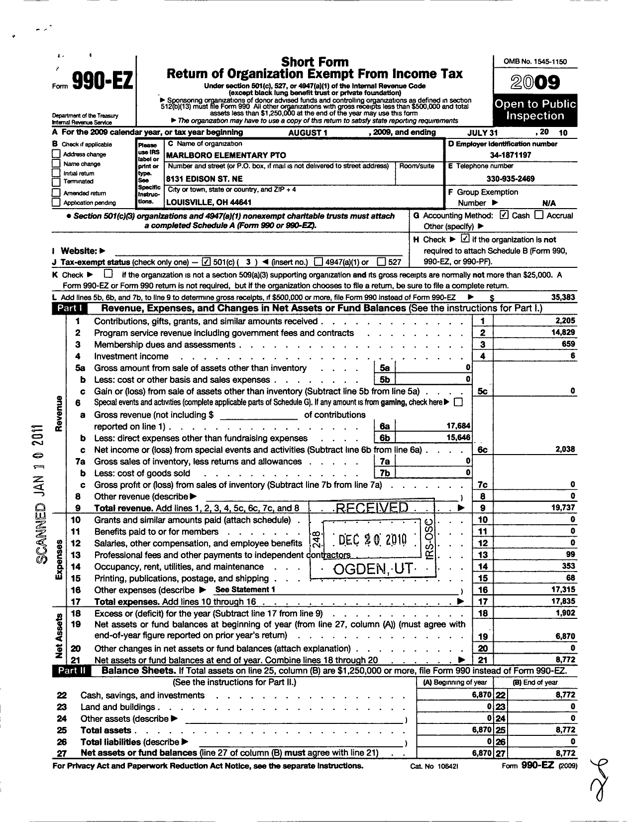 Image of first page of 2009 Form 990EZ for Marlboro Parent Teacher Organization