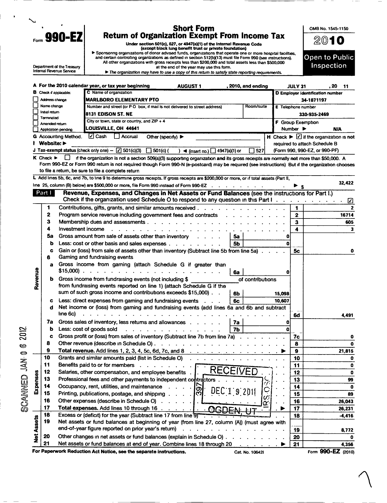 Image of first page of 2010 Form 990EZ for Marlboro Parent Teacher Organization