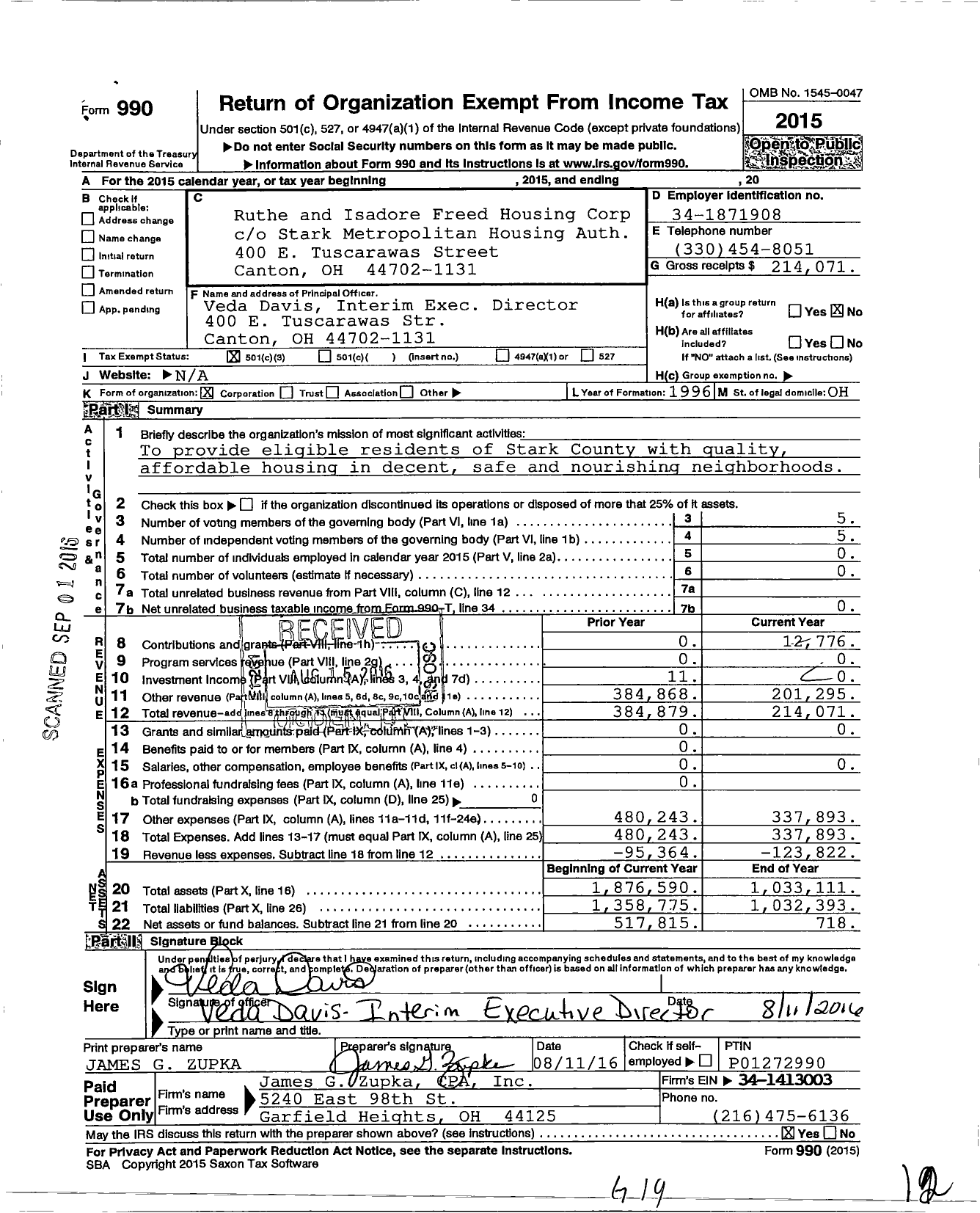 Image of first page of 2015 Form 990 for Ruthe and Isadore Freed Housing Corporation