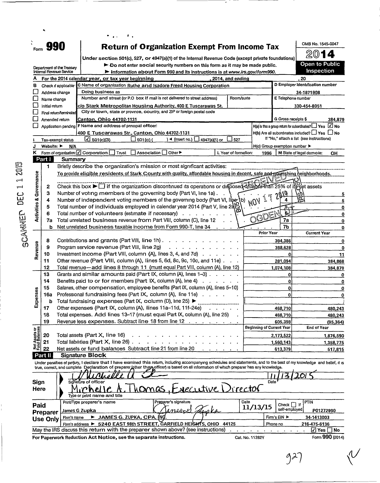 Image of first page of 2014 Form 990 for Ruthe and Isadore Freed Housing Corporation