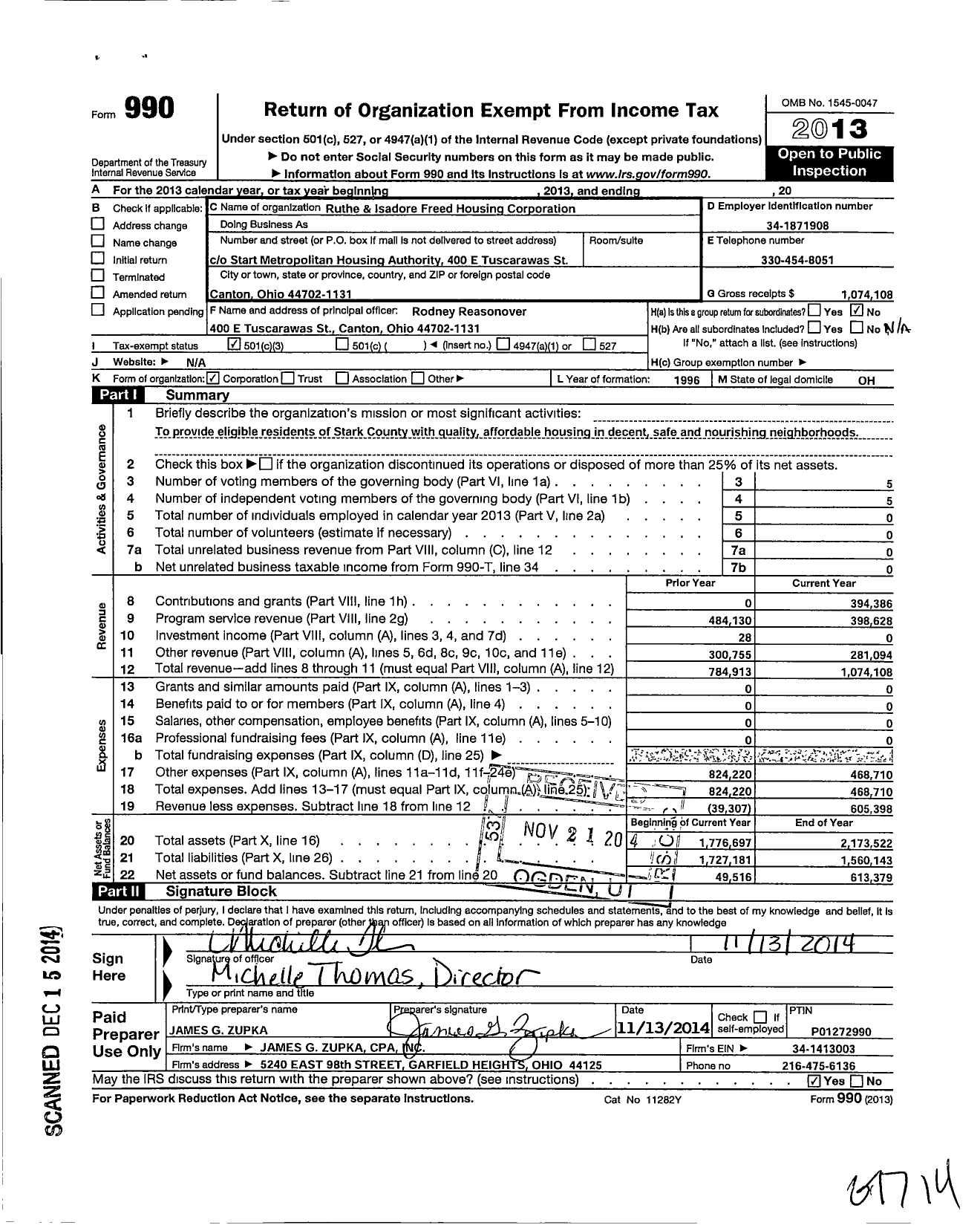 Image of first page of 2013 Form 990 for Ruthe and Isadore Freed Housing Corporation