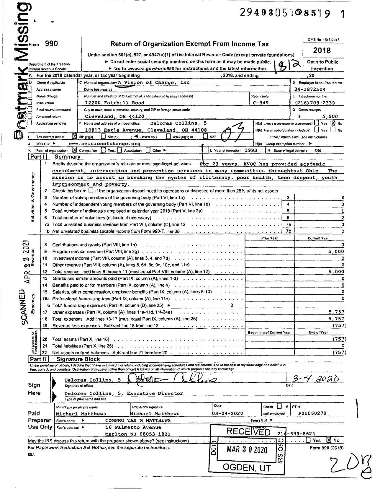 Image of first page of 2018 Form 990 for A Vision of Change (AVOC)