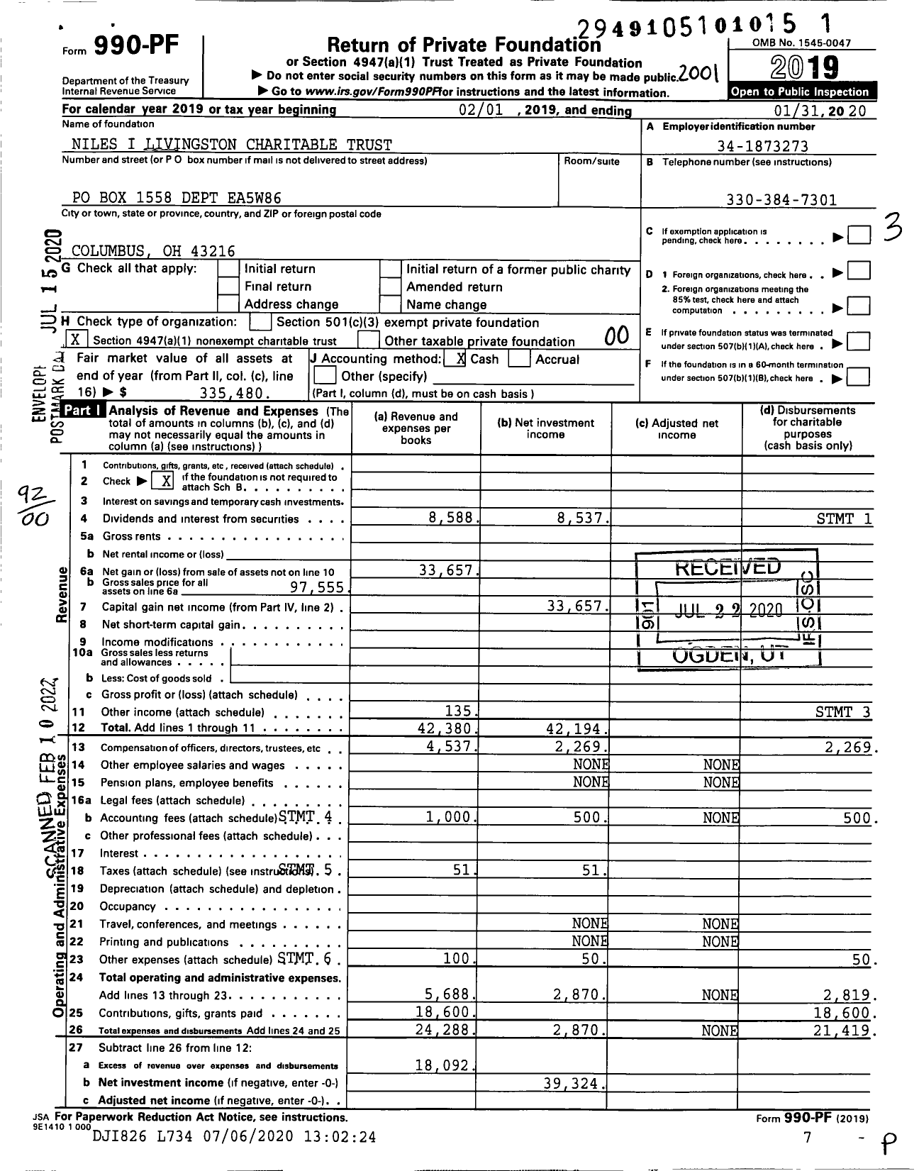 Image of first page of 2019 Form 990PF for Niles I Livingston Charitable Trust