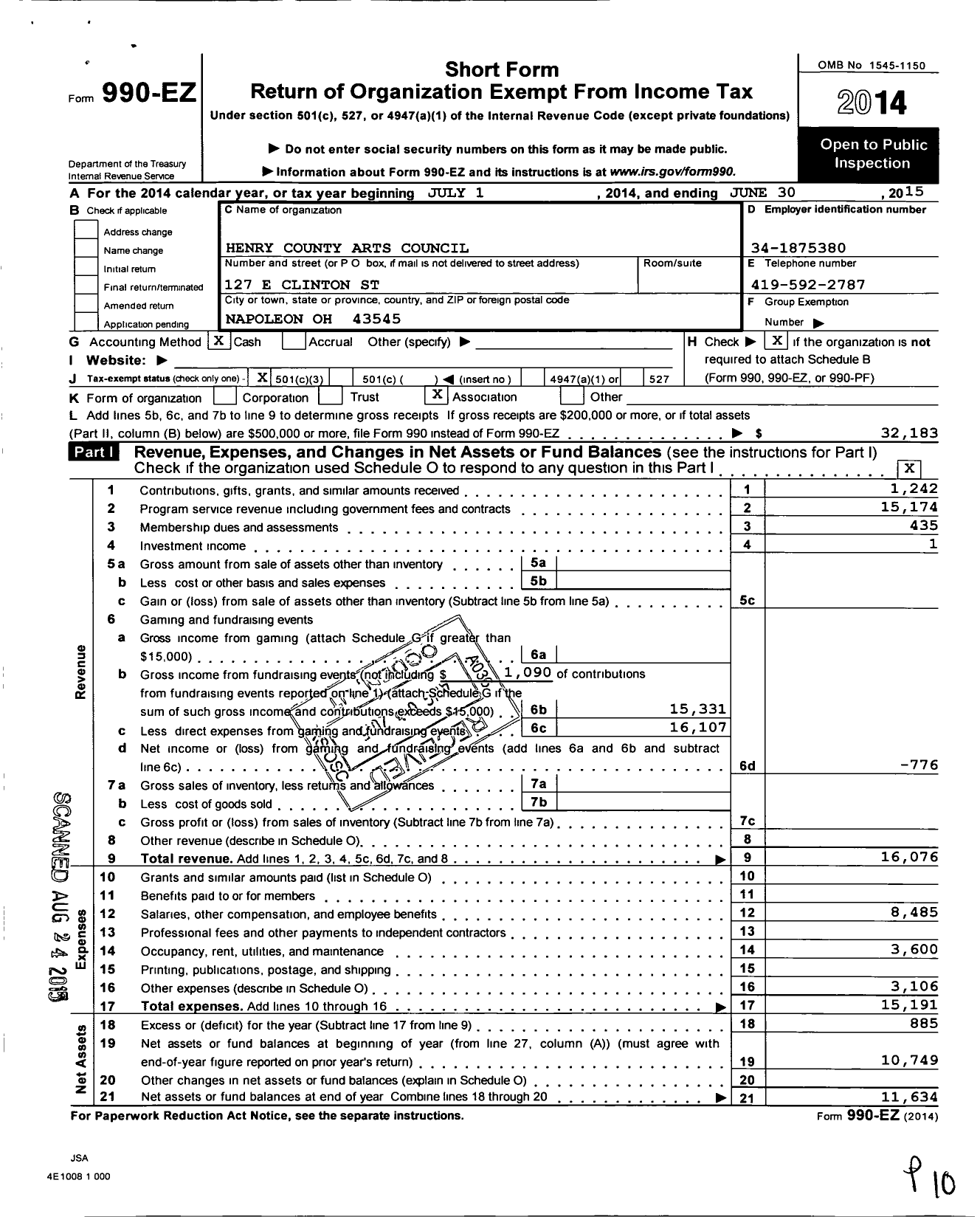 Image of first page of 2014 Form 990EZ for Henry County Arts Council