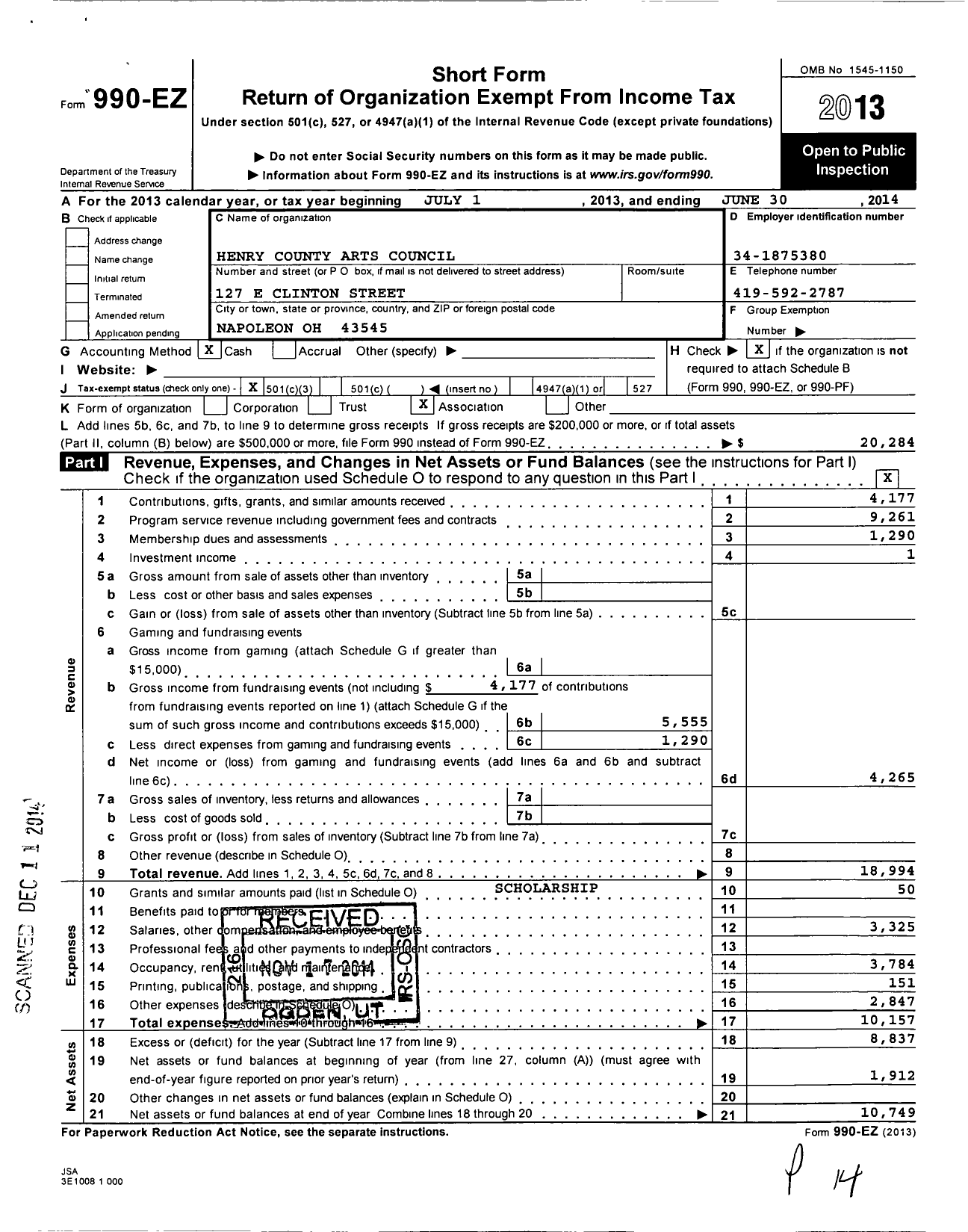 Image of first page of 2013 Form 990EZ for Henry County Arts Council