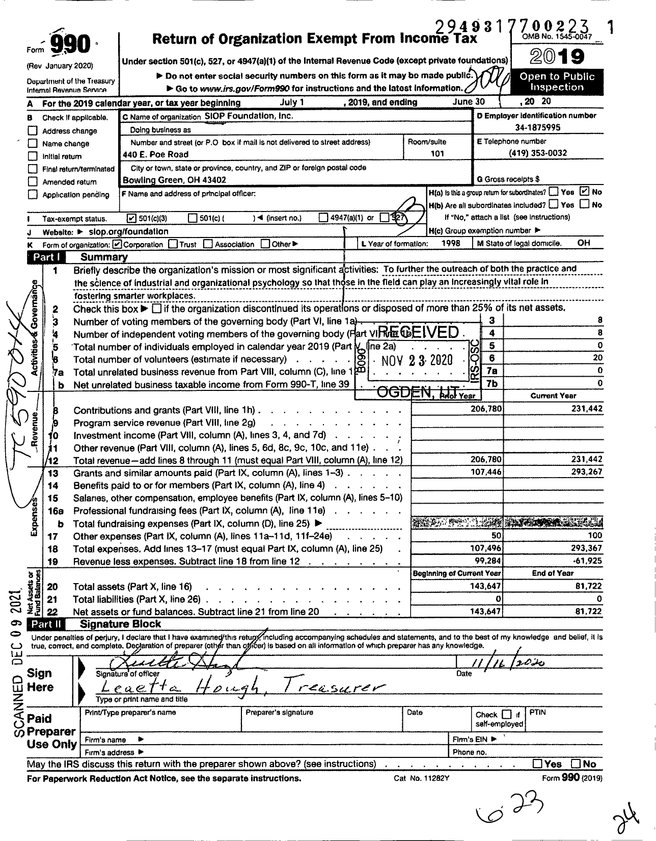 Image of first page of 2019 Form 990 for SIOP Foundation