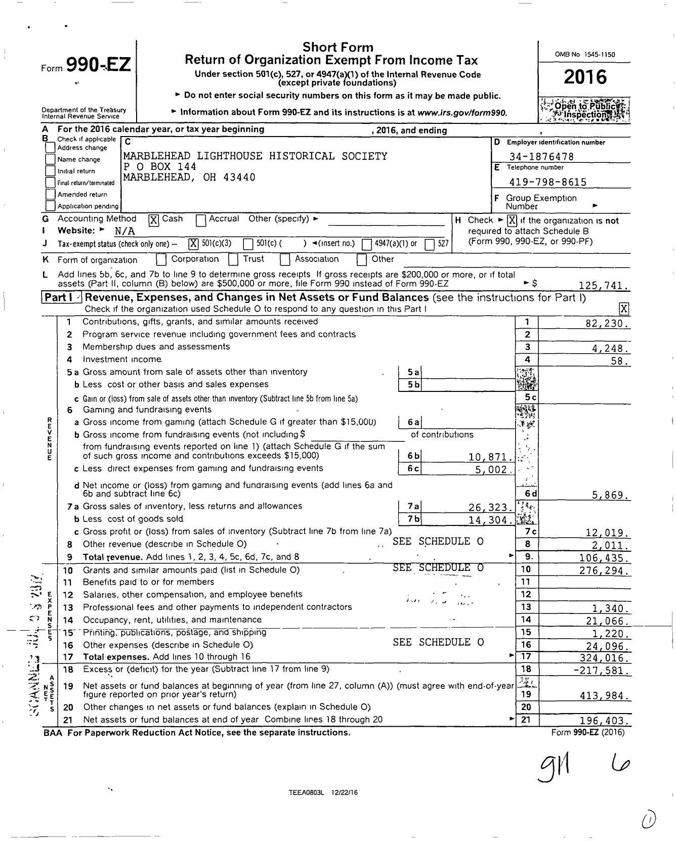 Image of first page of 2016 Form 990EZ for Marblehead Lighthouse Historical Society