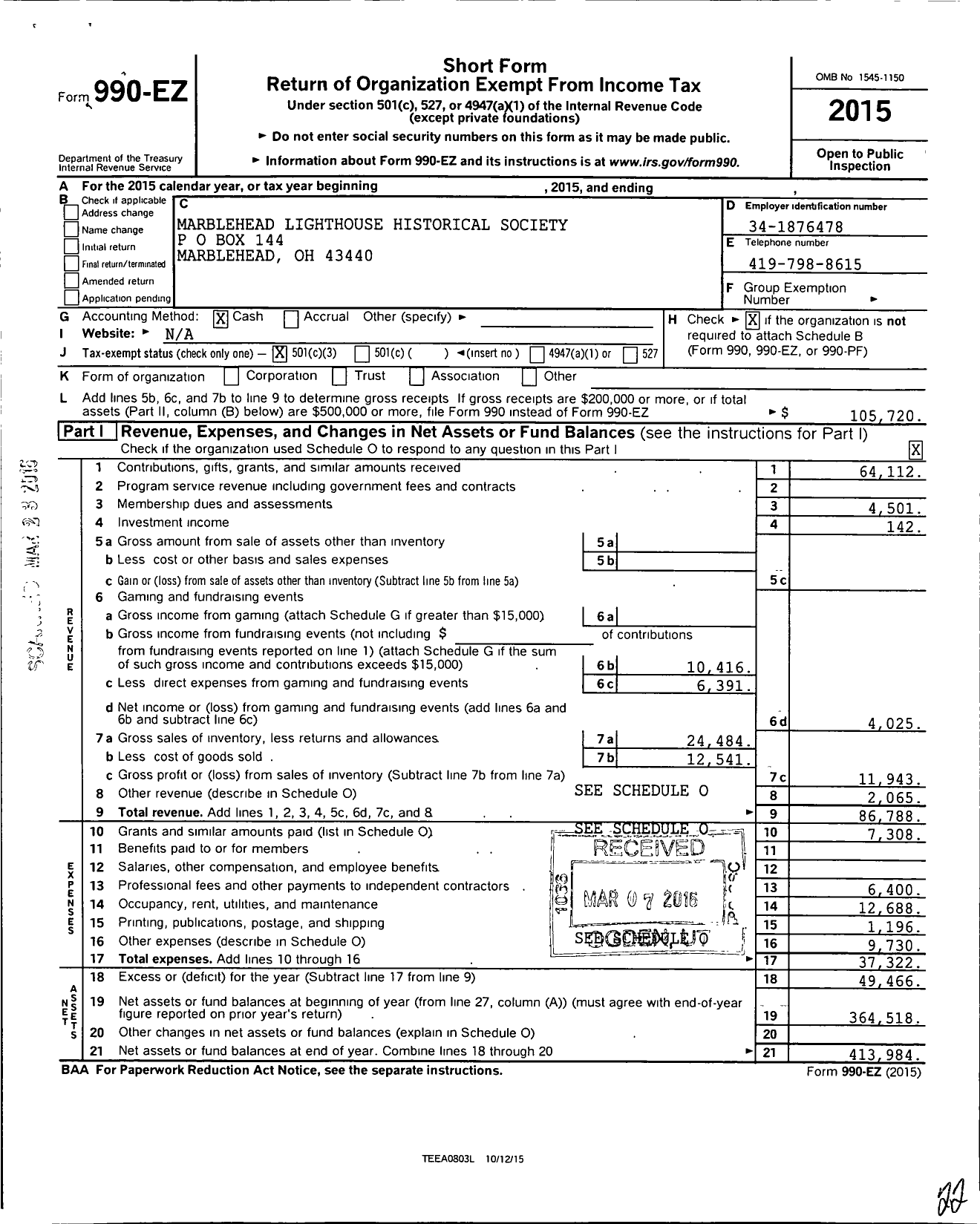 Image of first page of 2015 Form 990EZ for Marblehead Lighthouse Historical Society