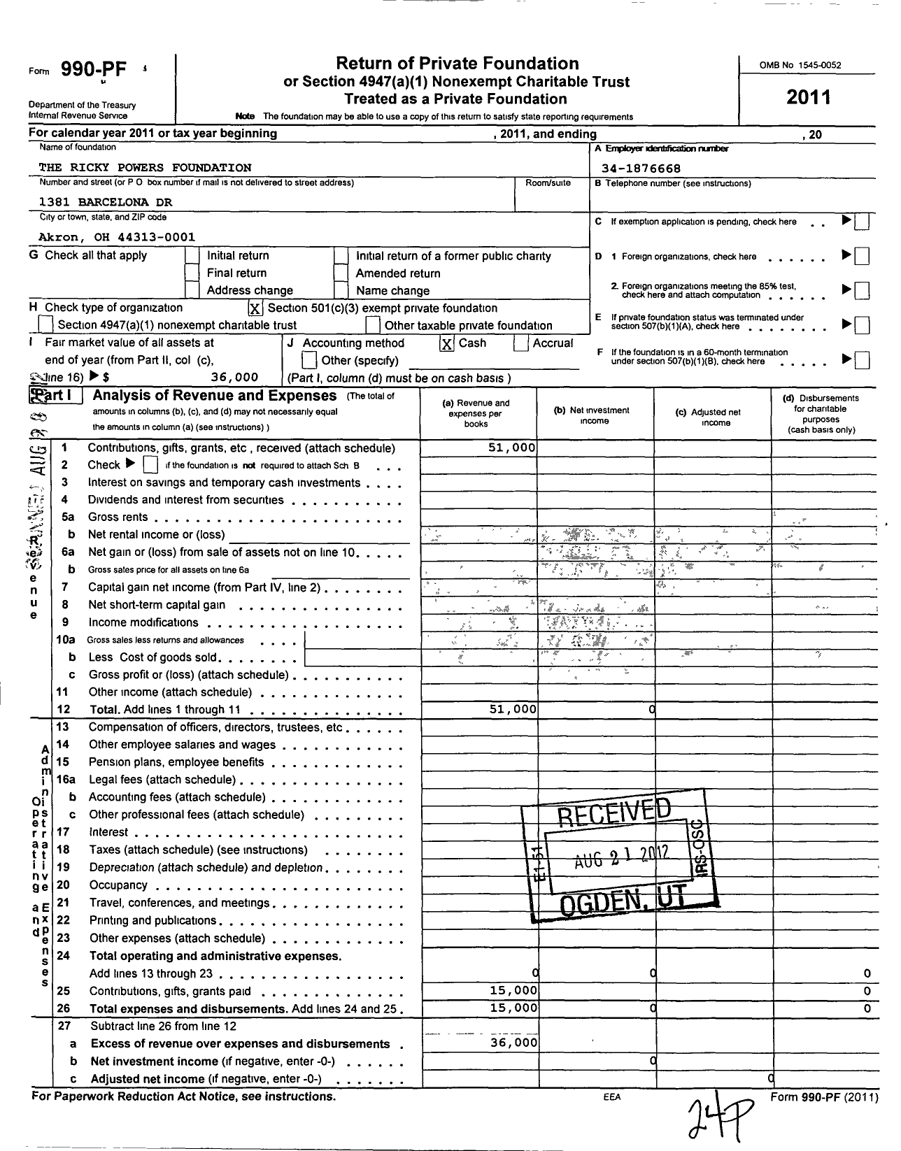 Image of first page of 2011 Form 990PF for Ricky Powers Foundation