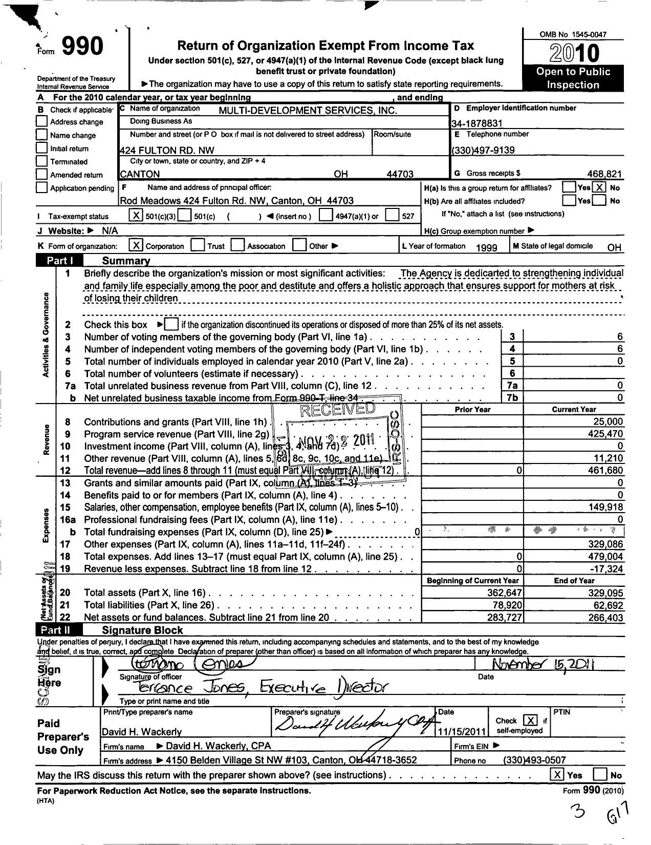 Image of first page of 2010 Form 990 for Multi Development Services of Stark County