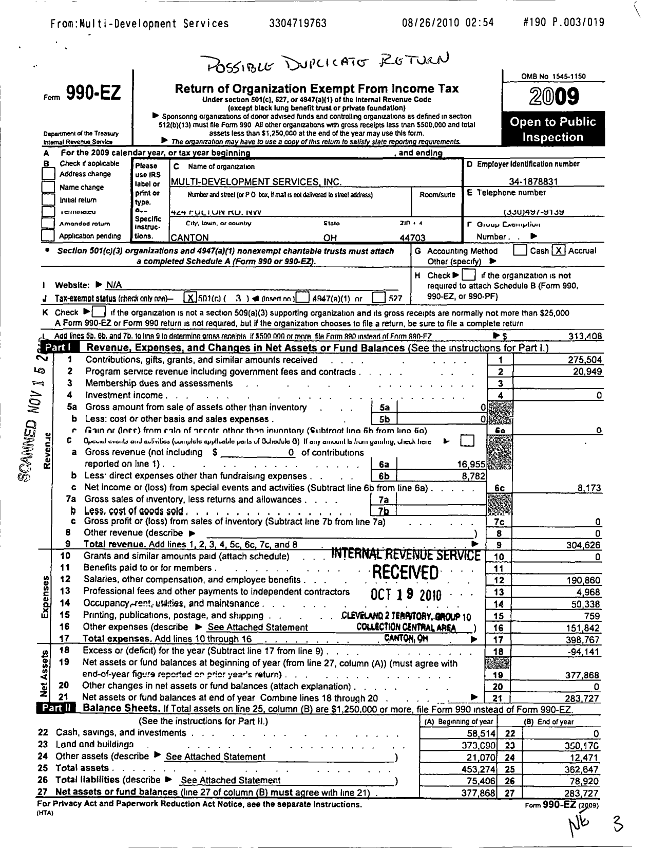 Image of first page of 2009 Form 990EZ for Multi Development Services of Stark County