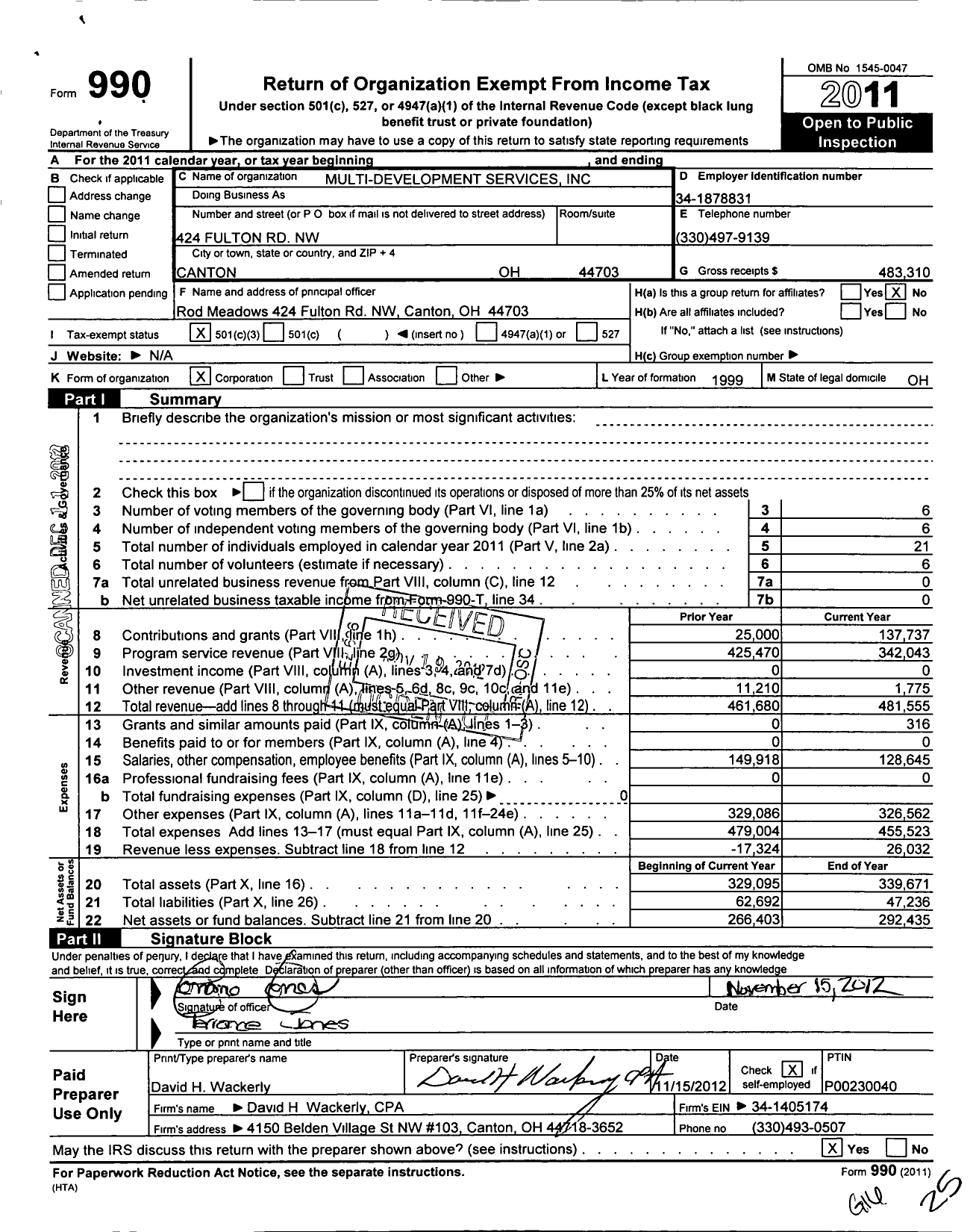 Image of first page of 2011 Form 990 for Multi Development Services of Stark County