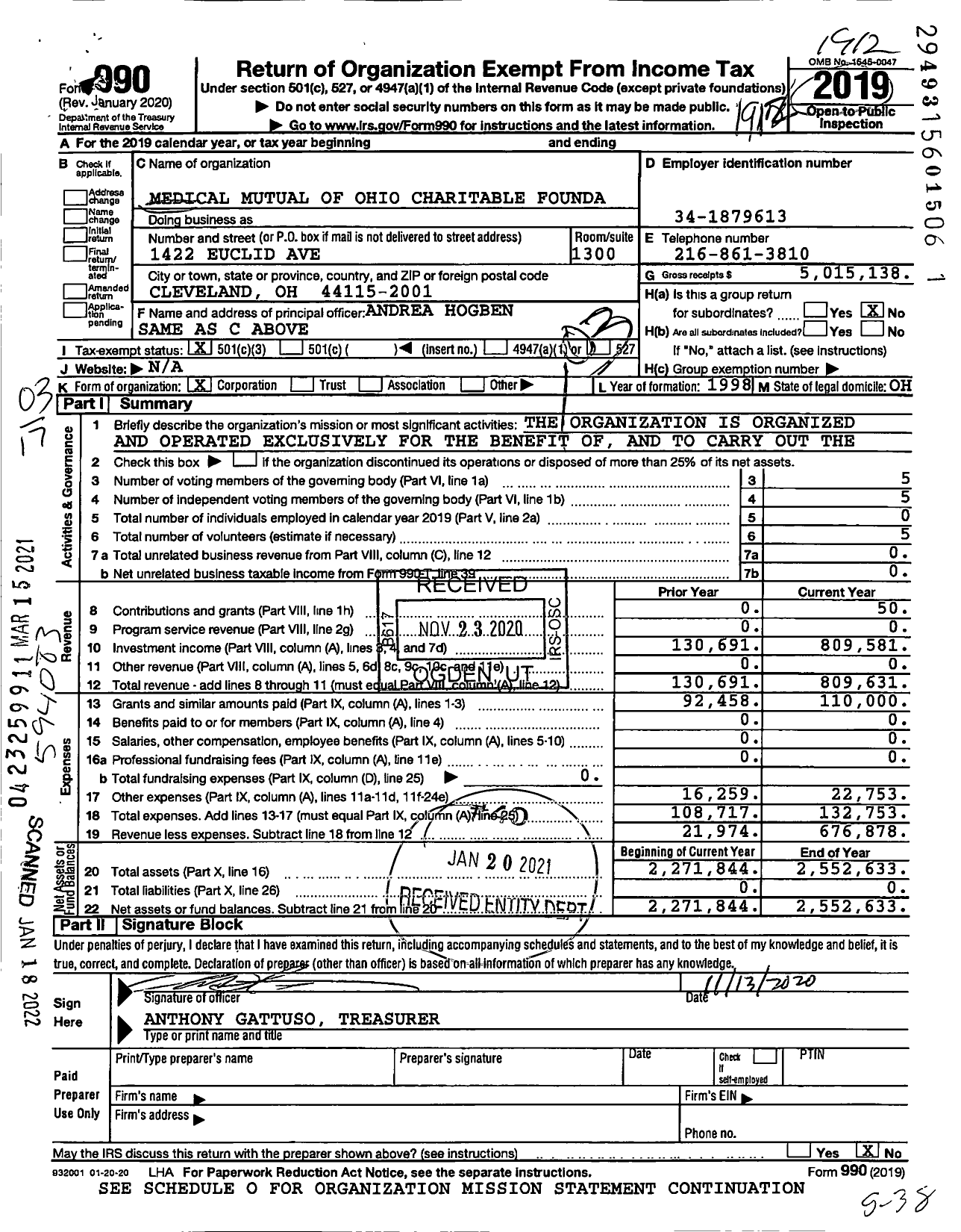 Image of first page of 2019 Form 990 for Medical Mutual of Ohio Charitable Foundation