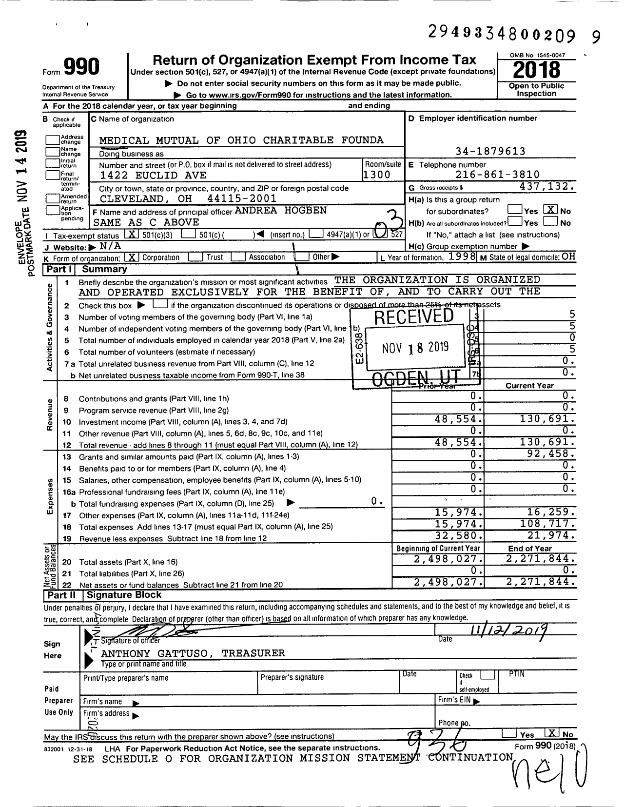 Image of first page of 2018 Form 990 for Medical Mutual of Ohio Charitable Foundation