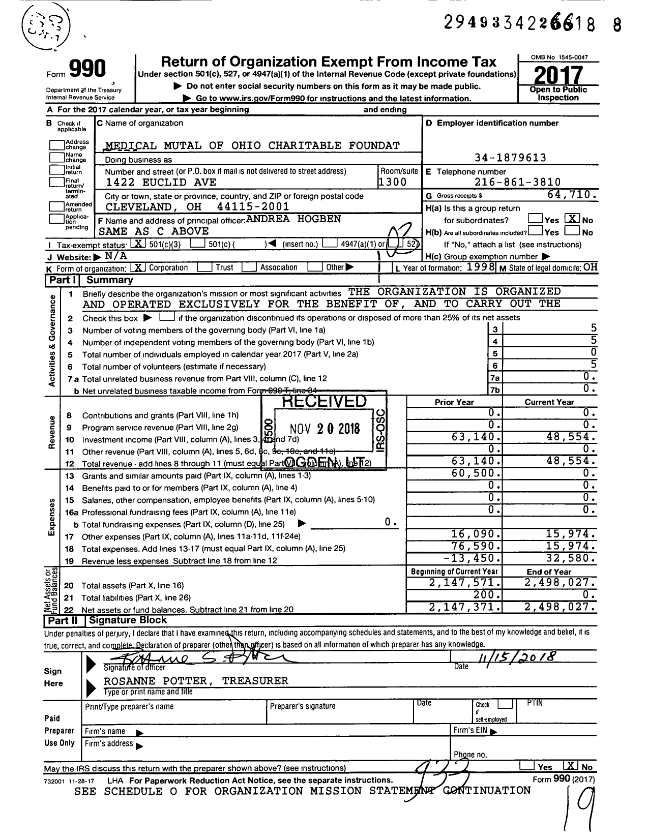 Image of first page of 2017 Form 990 for Medical Mutual of Ohio Charitable Foundation