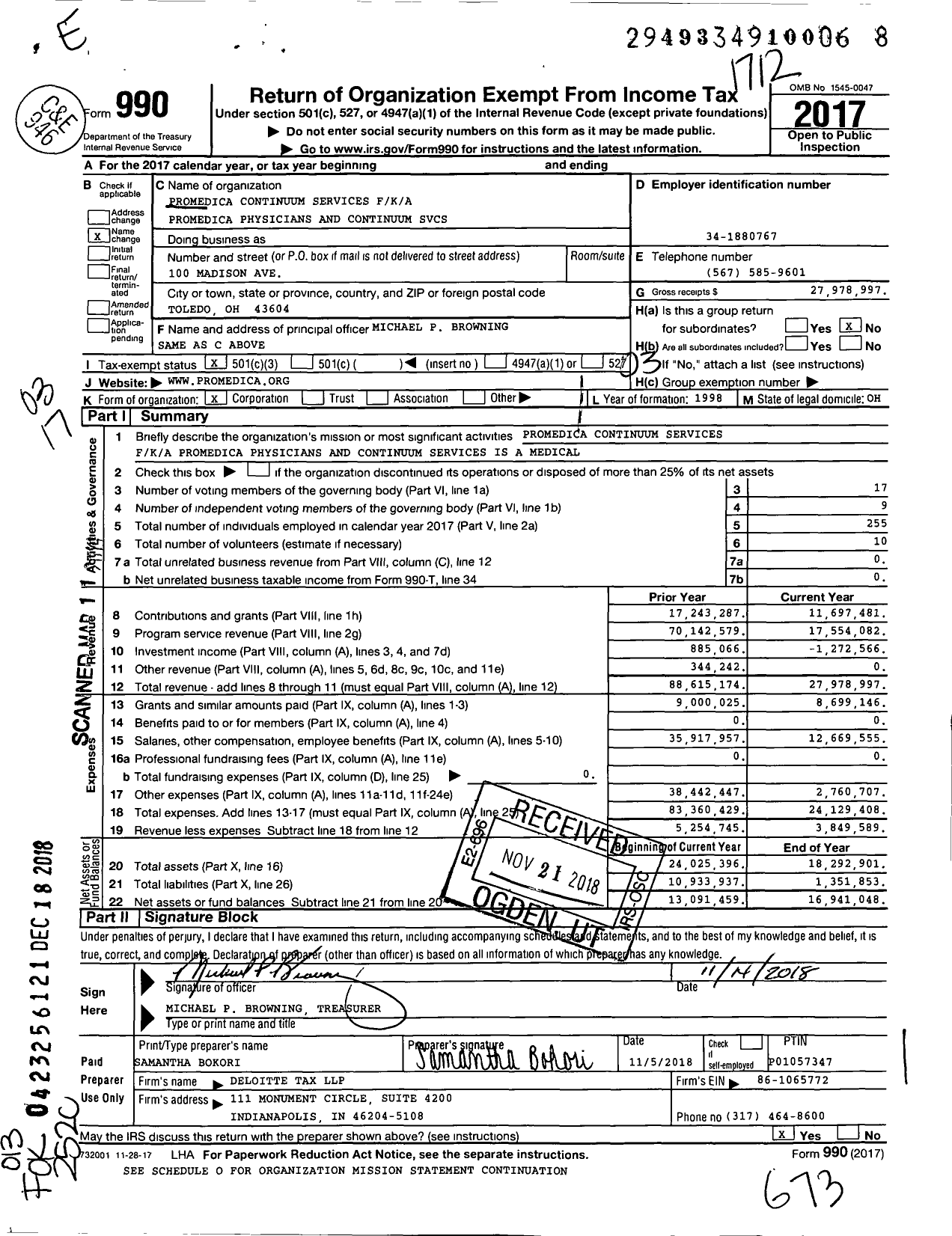 Image of first page of 2017 Form 990 for Promedica Continuum Services (PPCS)