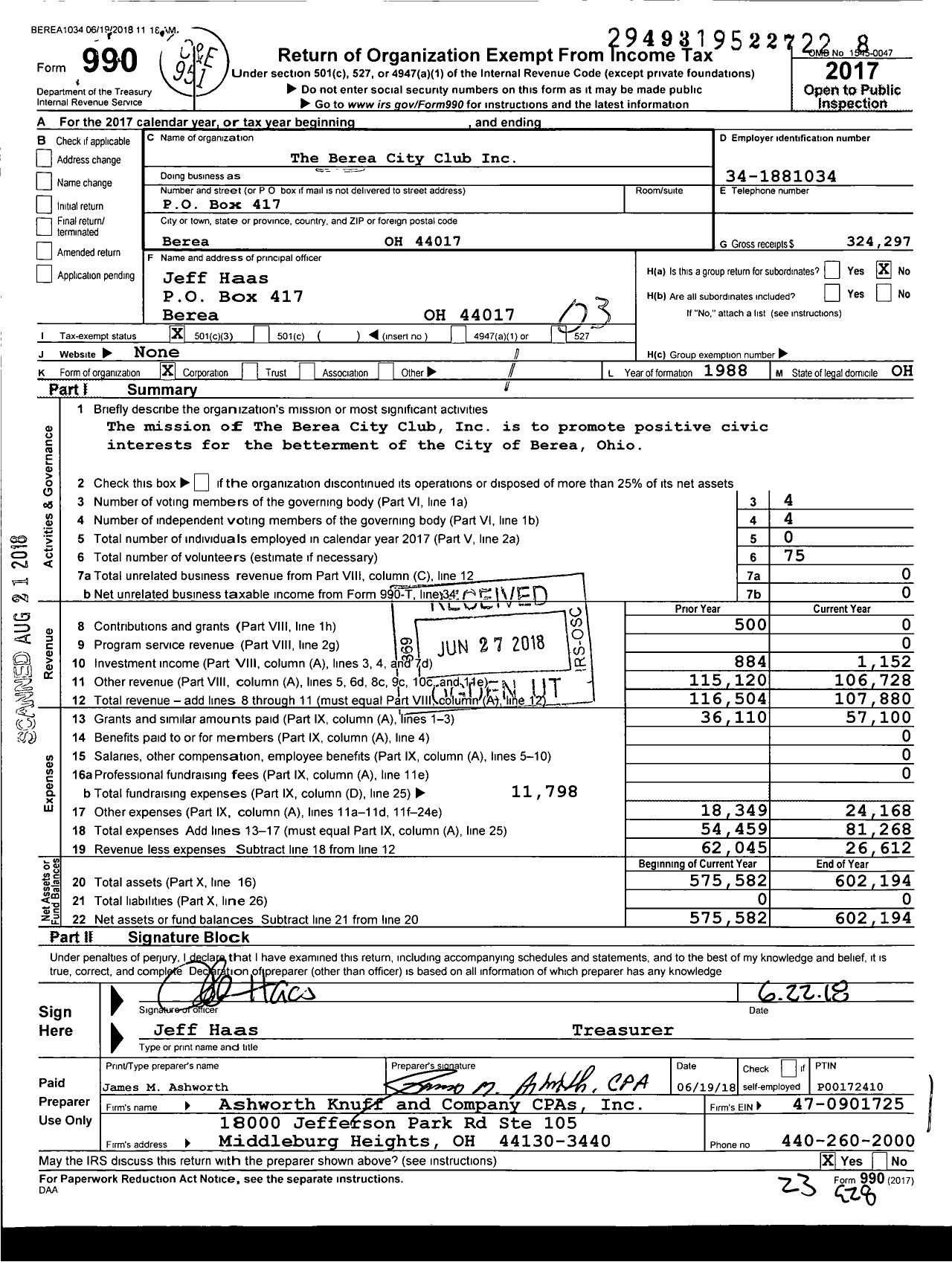 Image of first page of 2017 Form 990 for The Berea City Club