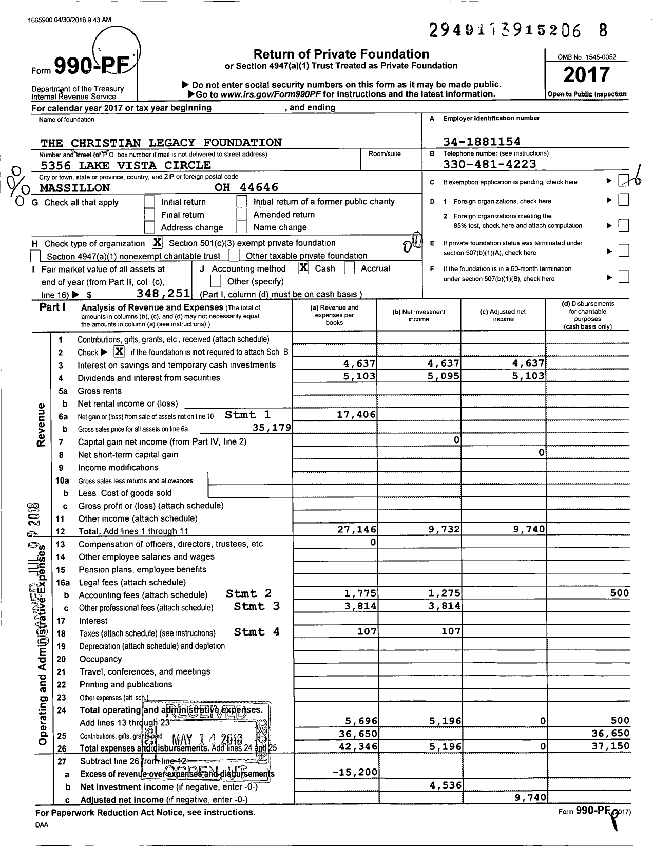 Image of first page of 2017 Form 990PF for The Christian Legacy Foundation