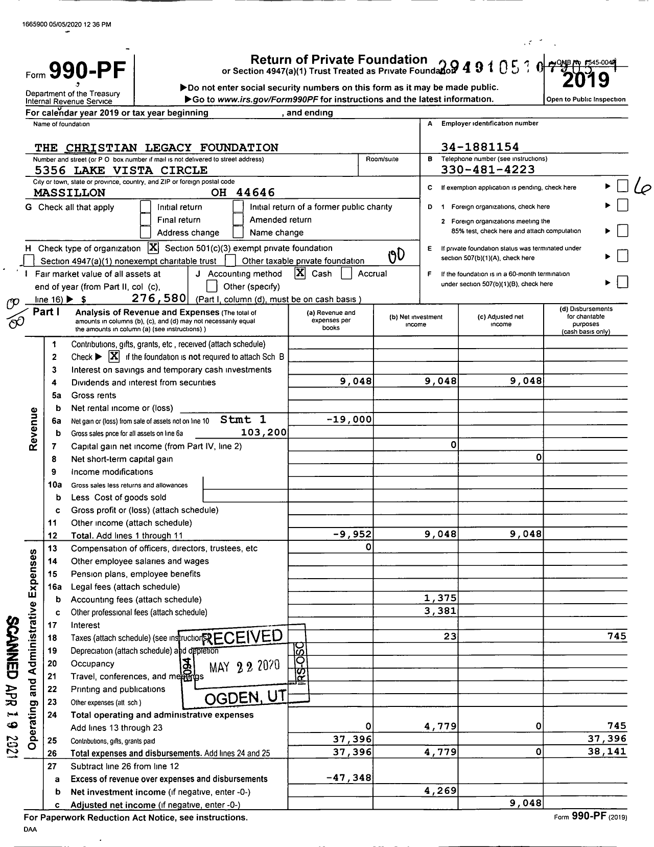 Image of first page of 2019 Form 990PF for The Christian Legacy Foundation