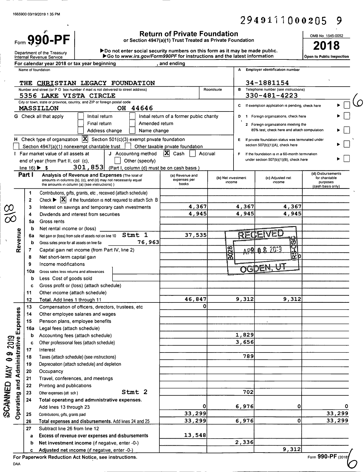 Image of first page of 2018 Form 990PF for The Christian Legacy Foundation