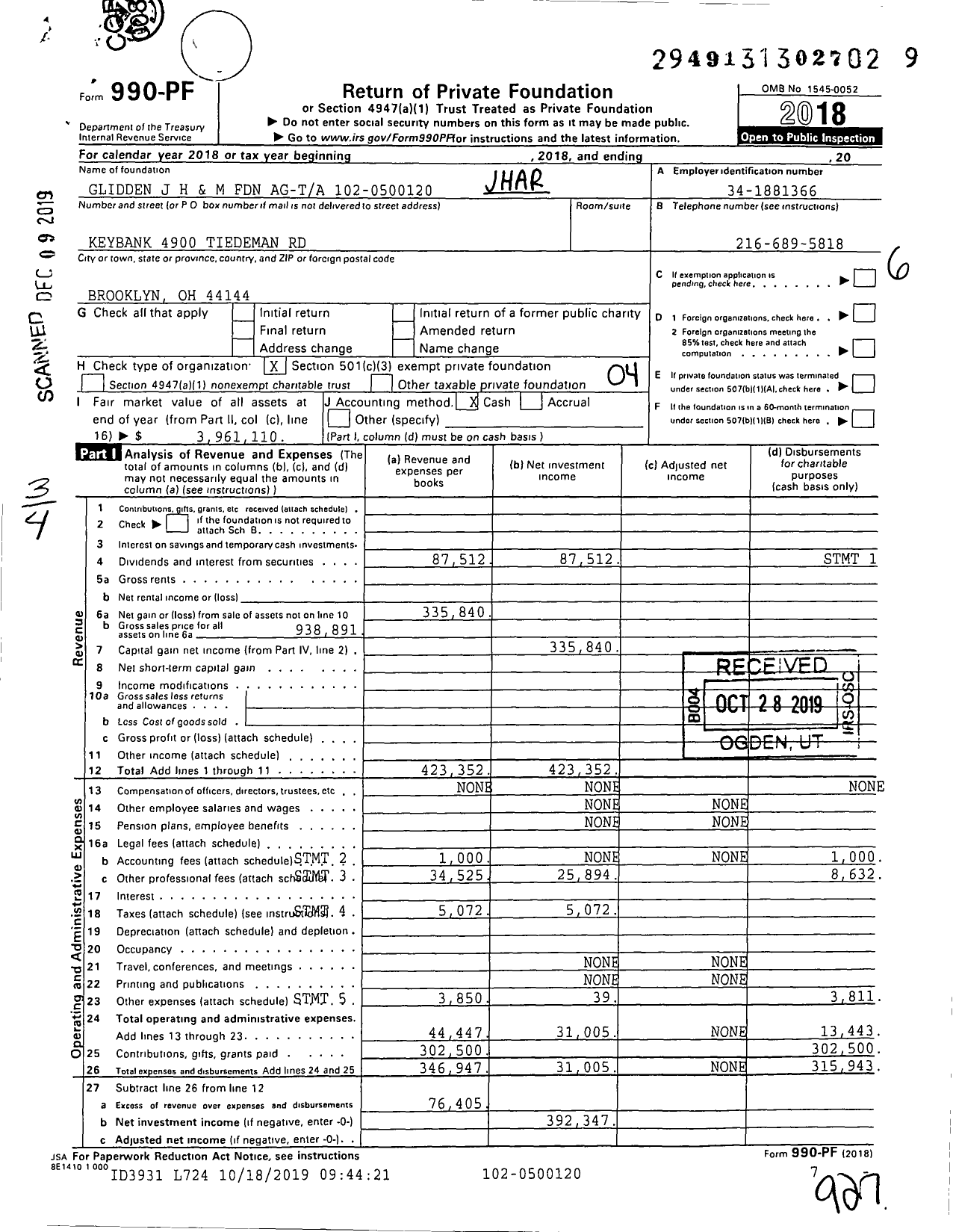 Image of first page of 2018 Form 990PF for J Harrington &amp Marie Glidden Foundation
