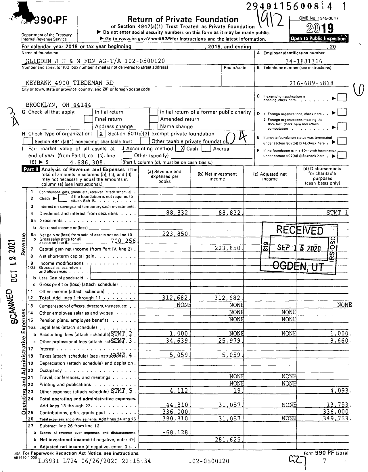 Image of first page of 2019 Form 990PF for J Harrington &amp Marie Glidden Foundation