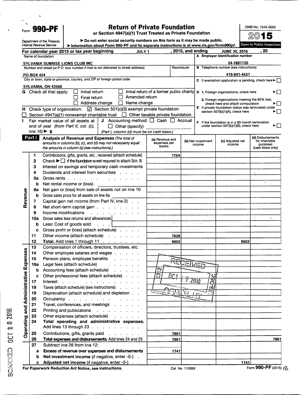 Image of first page of 2015 Form 990PF for Sylvania Sunrise Lions Club