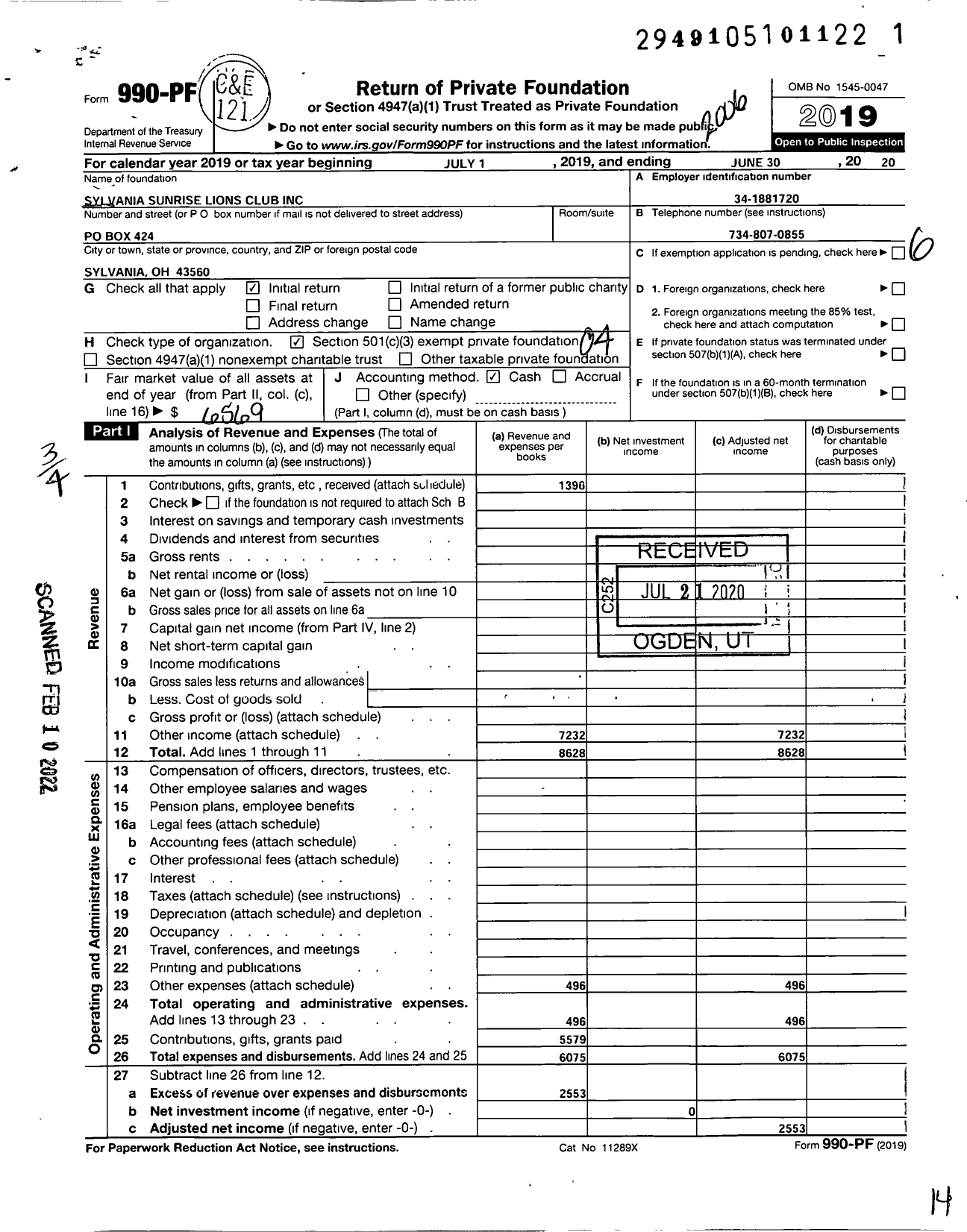 Image of first page of 2019 Form 990PF for Sylvania Sunrise Lions Club