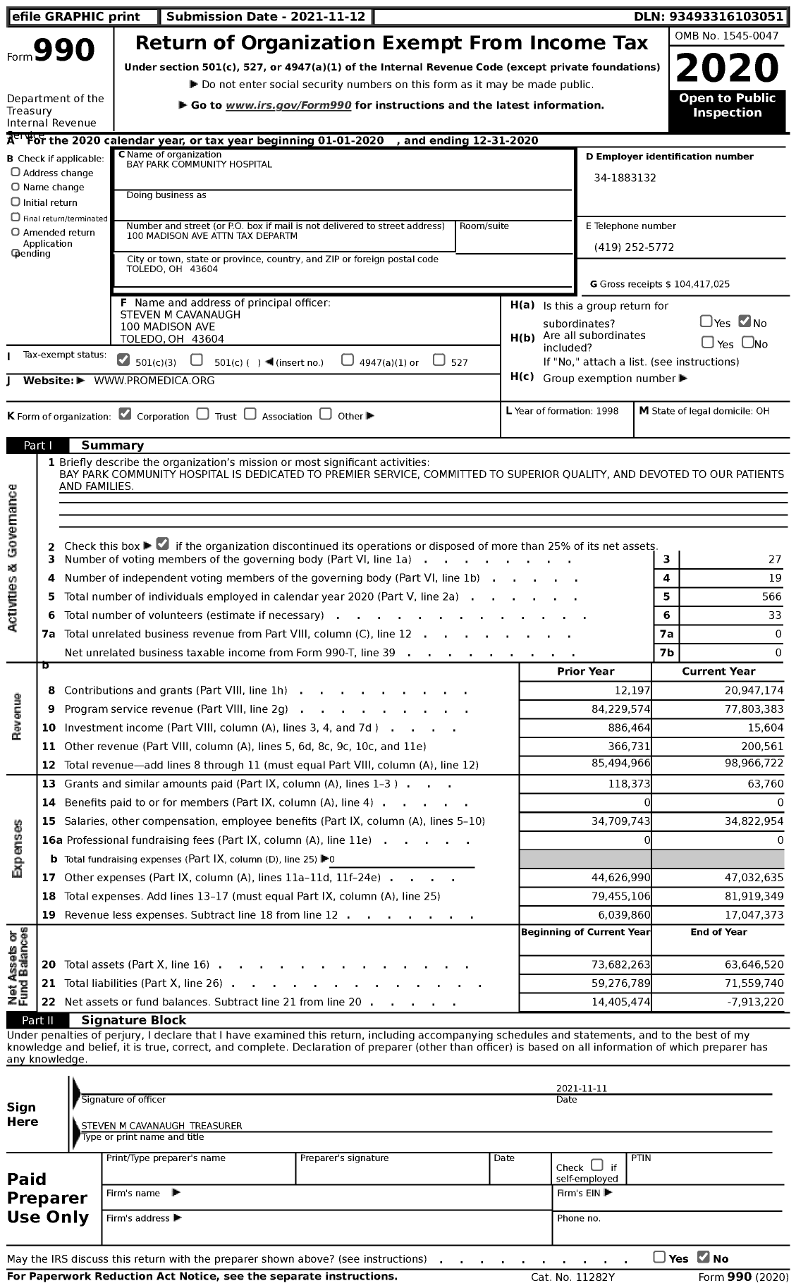 Image of first page of 2020 Form 990 for ProMedica Bay Park Hospital