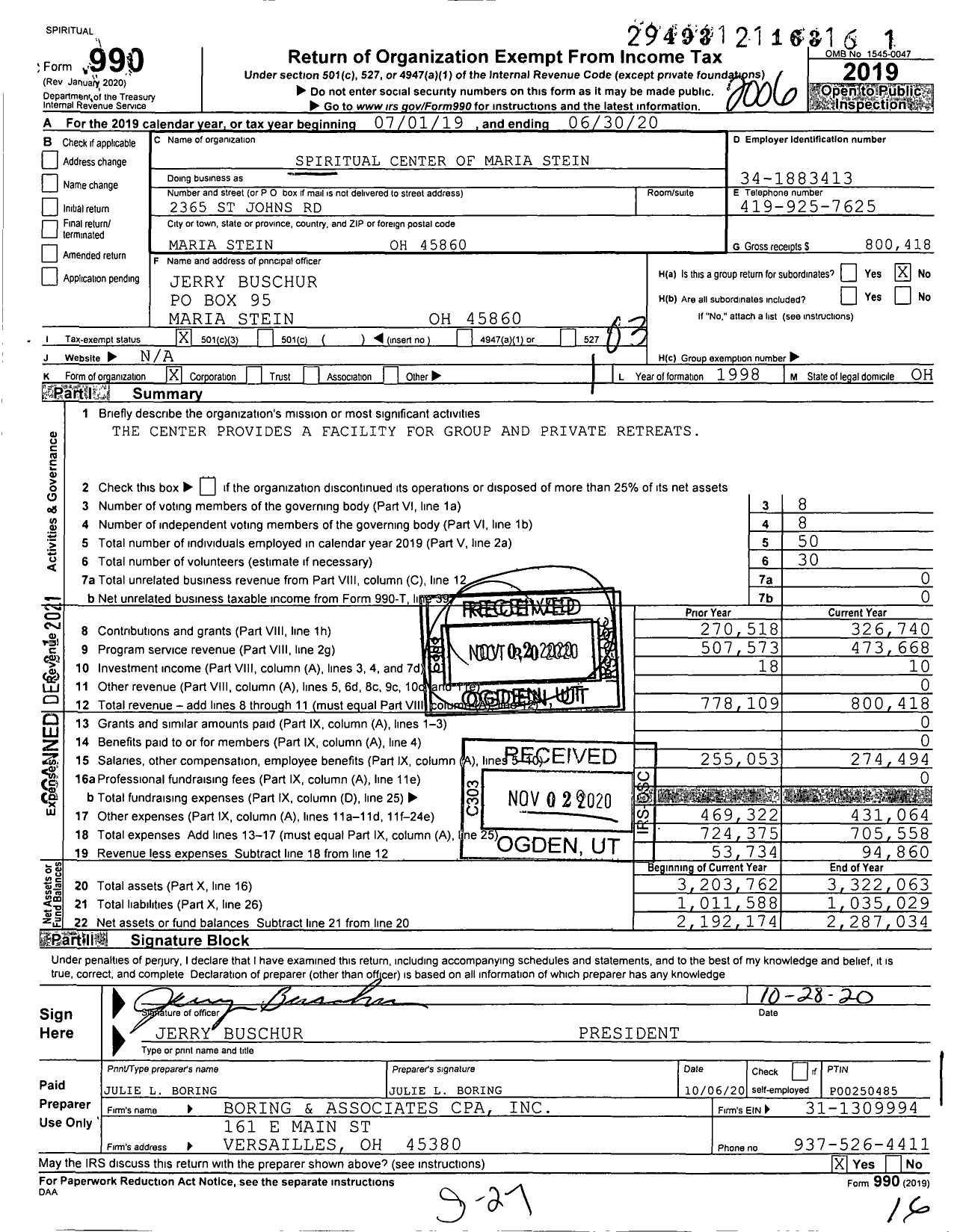 Image of first page of 2019 Form 990 for Spiritual Center of Maria Stein