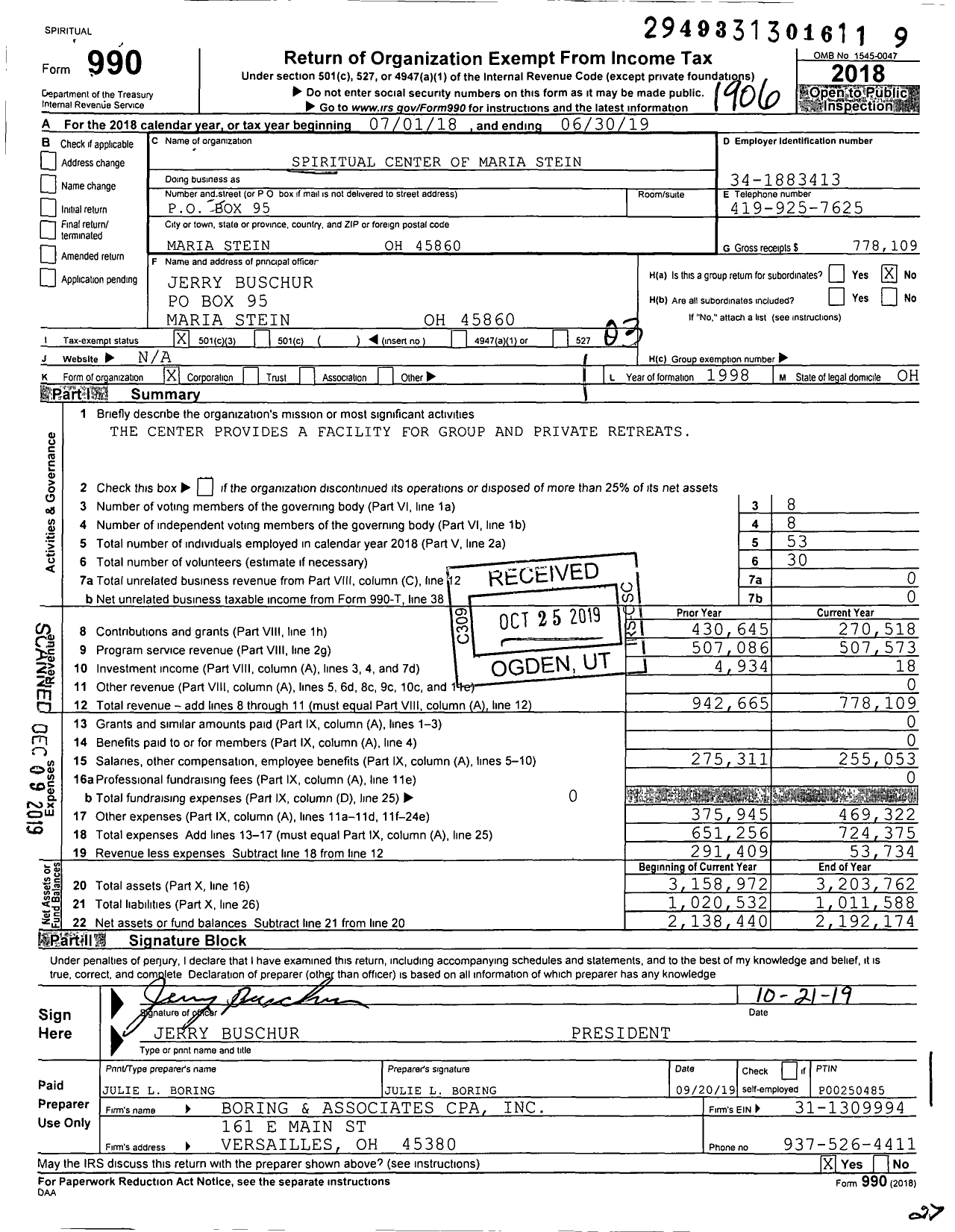 Image of first page of 2018 Form 990 for Spiritual Center of Maria Stein