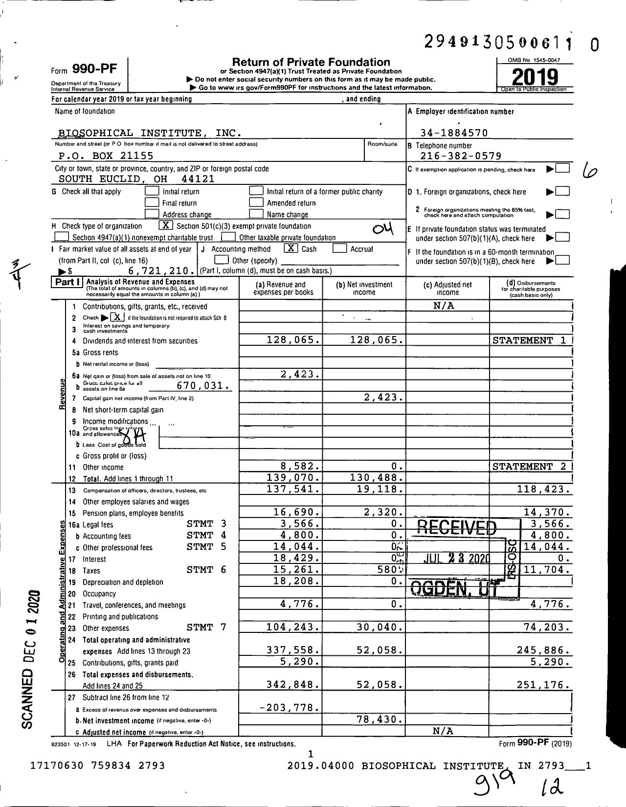 Image of first page of 2019 Form 990PF for Biosophical Institute