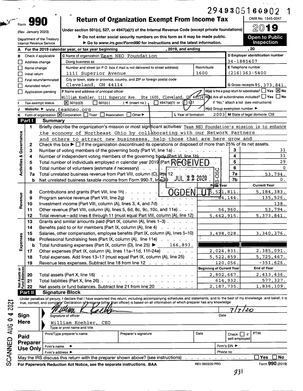 Image of first page of 2019 Form 990 for Team NEO Foundation