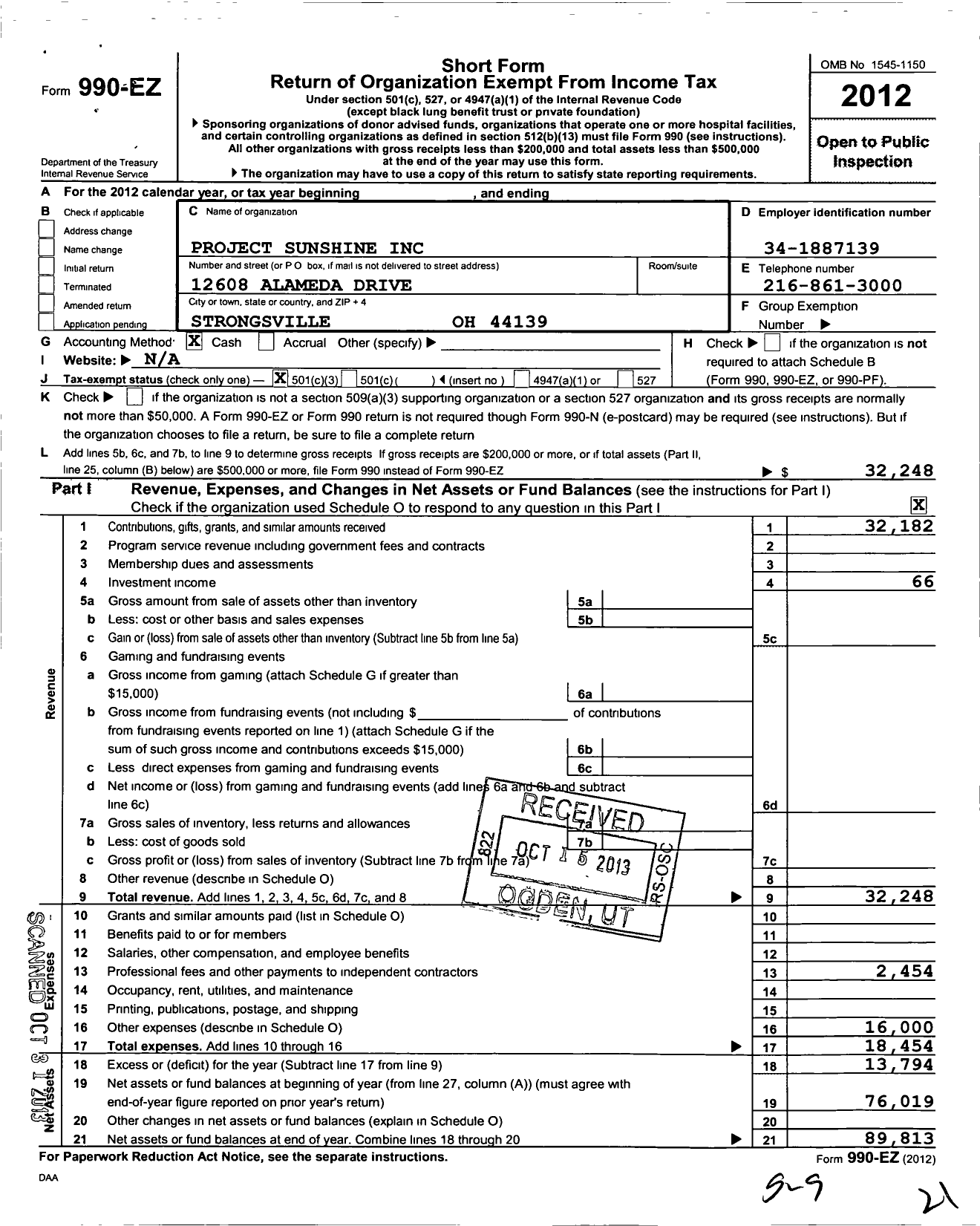 Image of first page of 2012 Form 990EZ for Project Sunshine