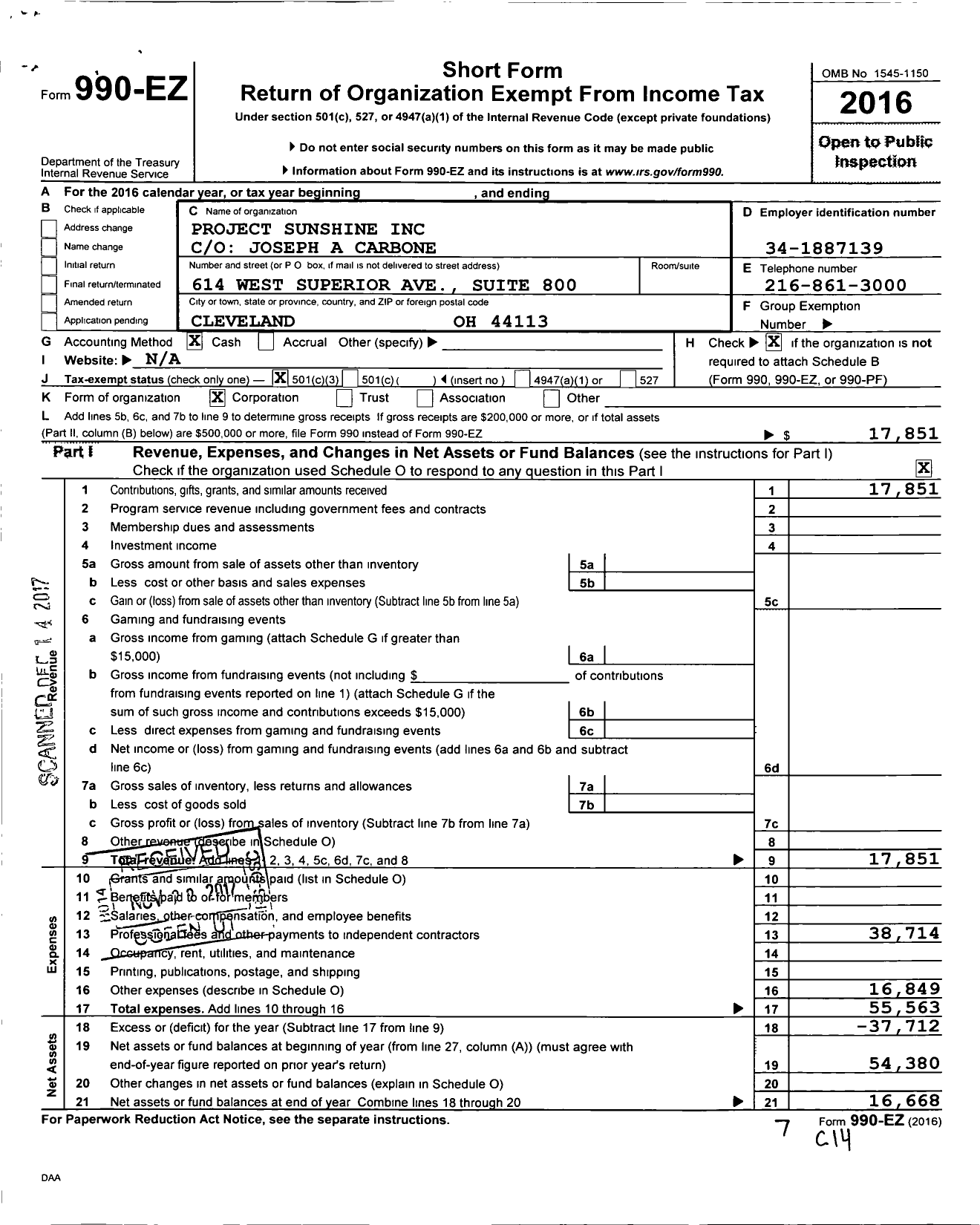 Image of first page of 2016 Form 990EZ for Project Sunshine