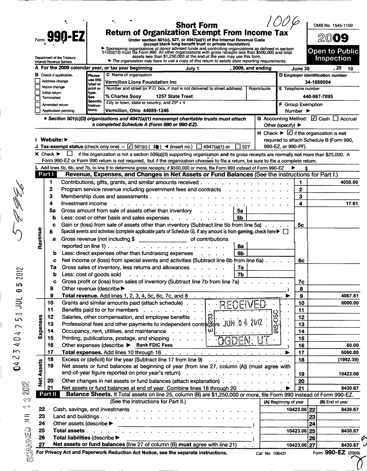 Image of first page of 2009 Form 990EZ for Vermilion Lions Foundation