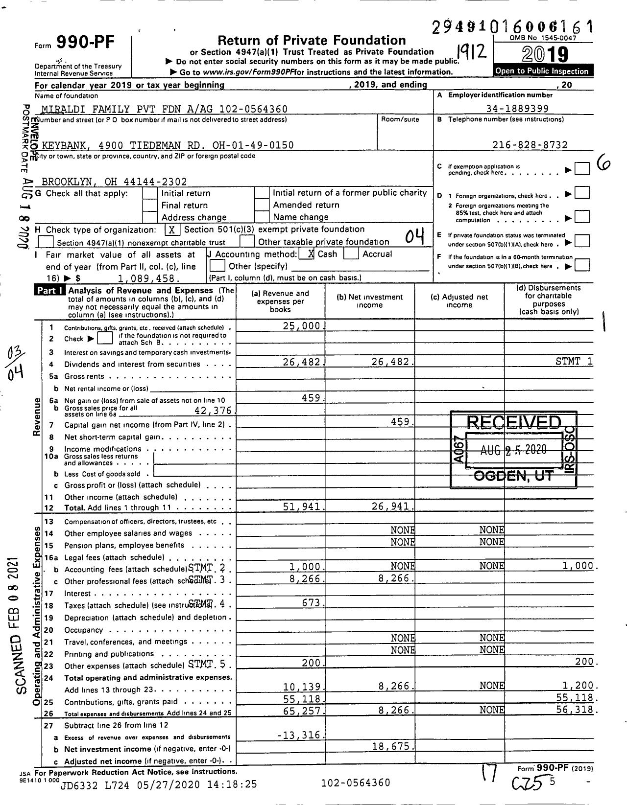 Image of first page of 2019 Form 990PF for MIRALDI FAMILY Pvt Foundation Aag