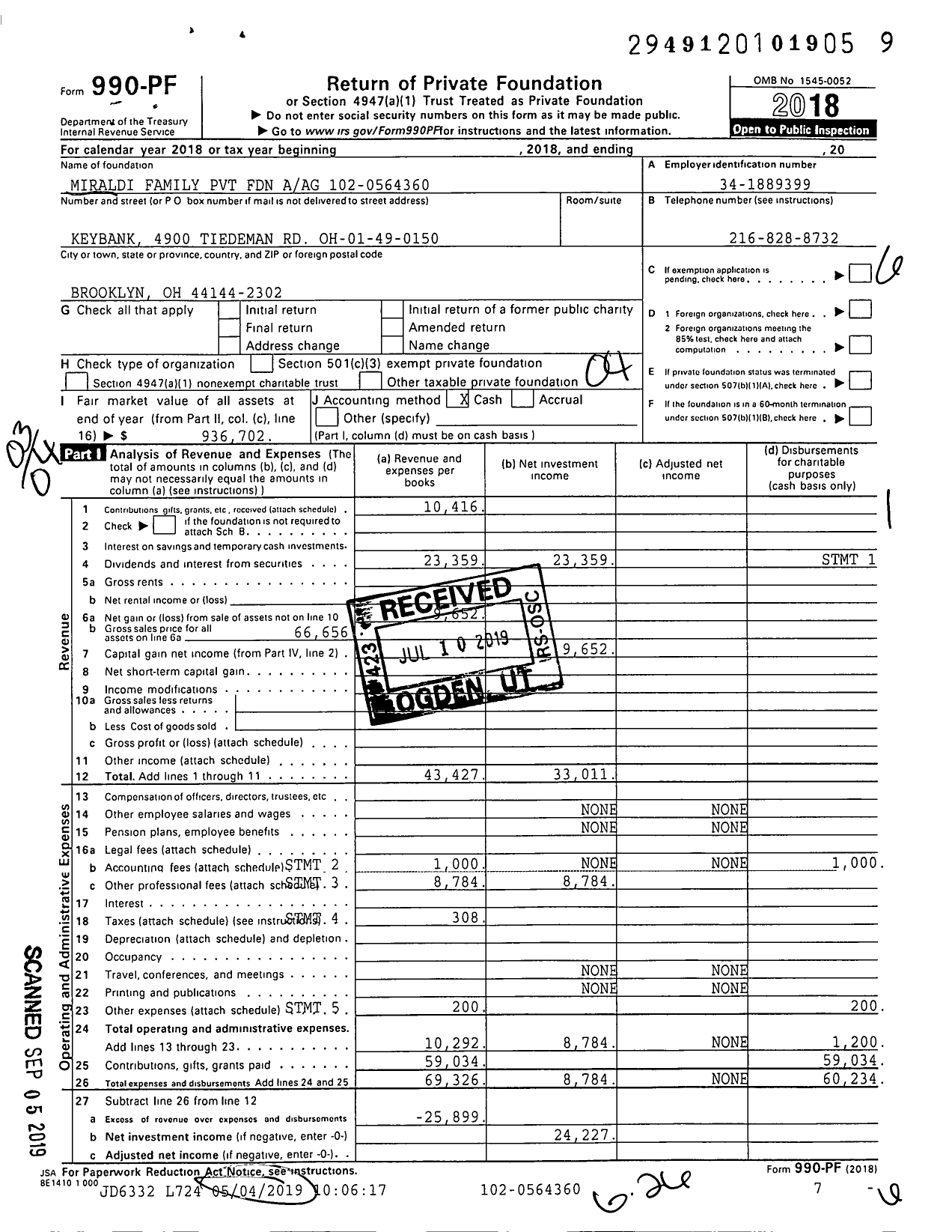 Image of first page of 2018 Form 990PF for MIRALDI FAMILY Pvt Foundation Aag
