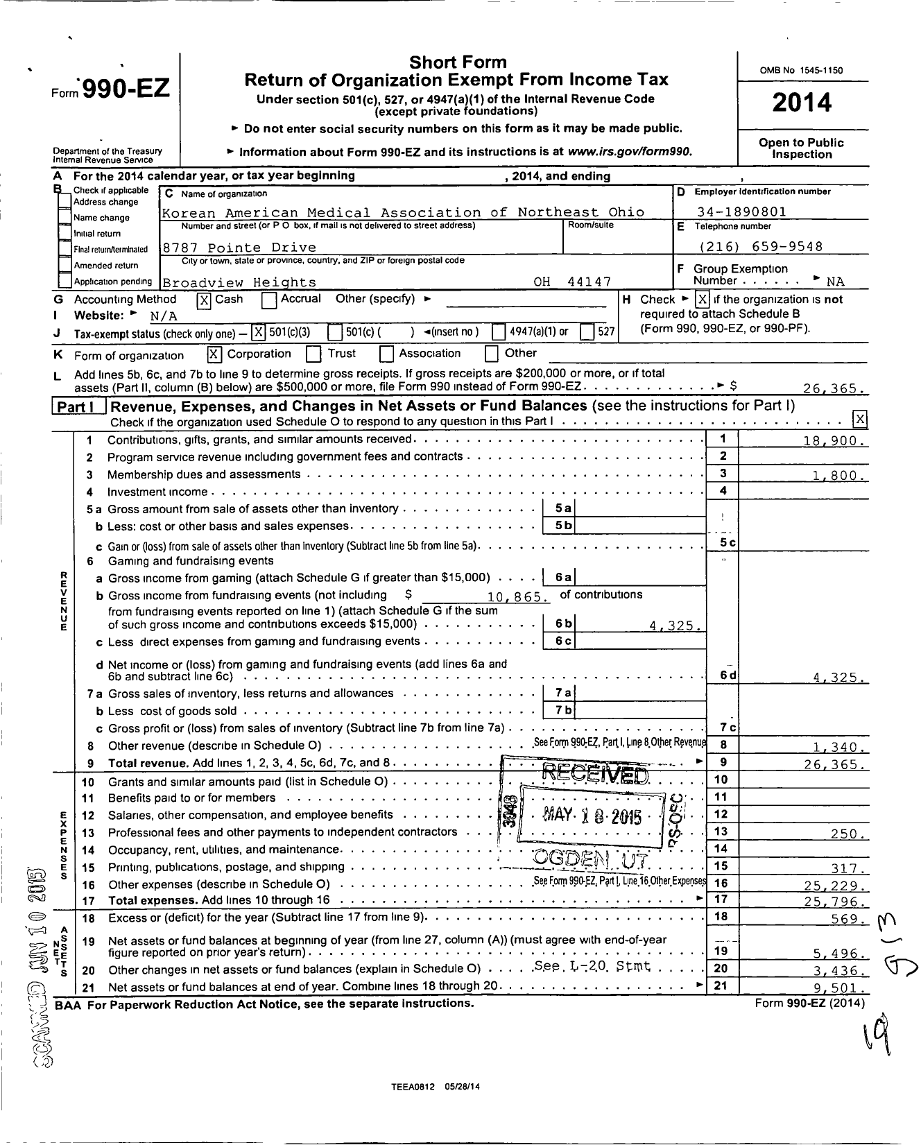 Image of first page of 2014 Form 990EZ for Korean American Medical Association of Northeast Ohio