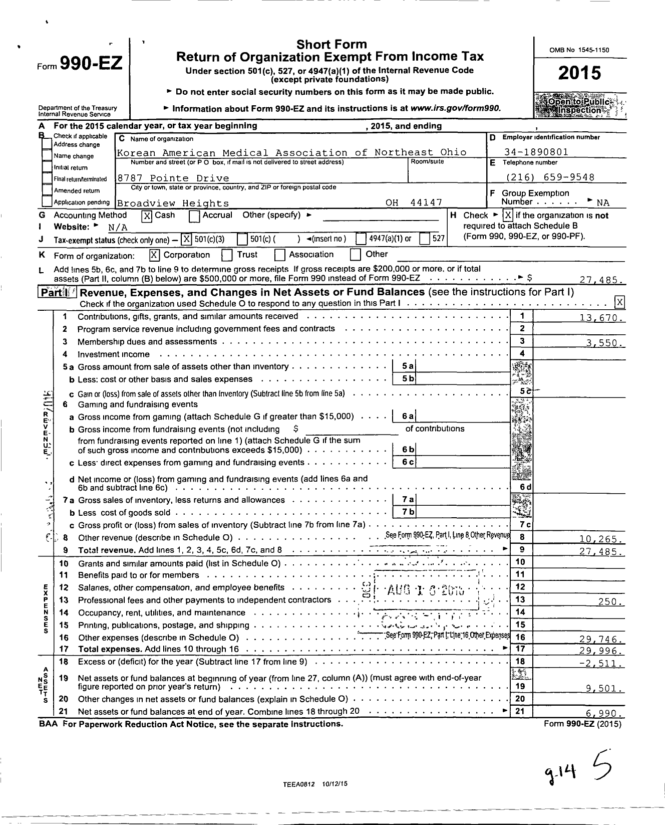 Image of first page of 2015 Form 990EZ for Korean American Medical Association of Northeast Ohio