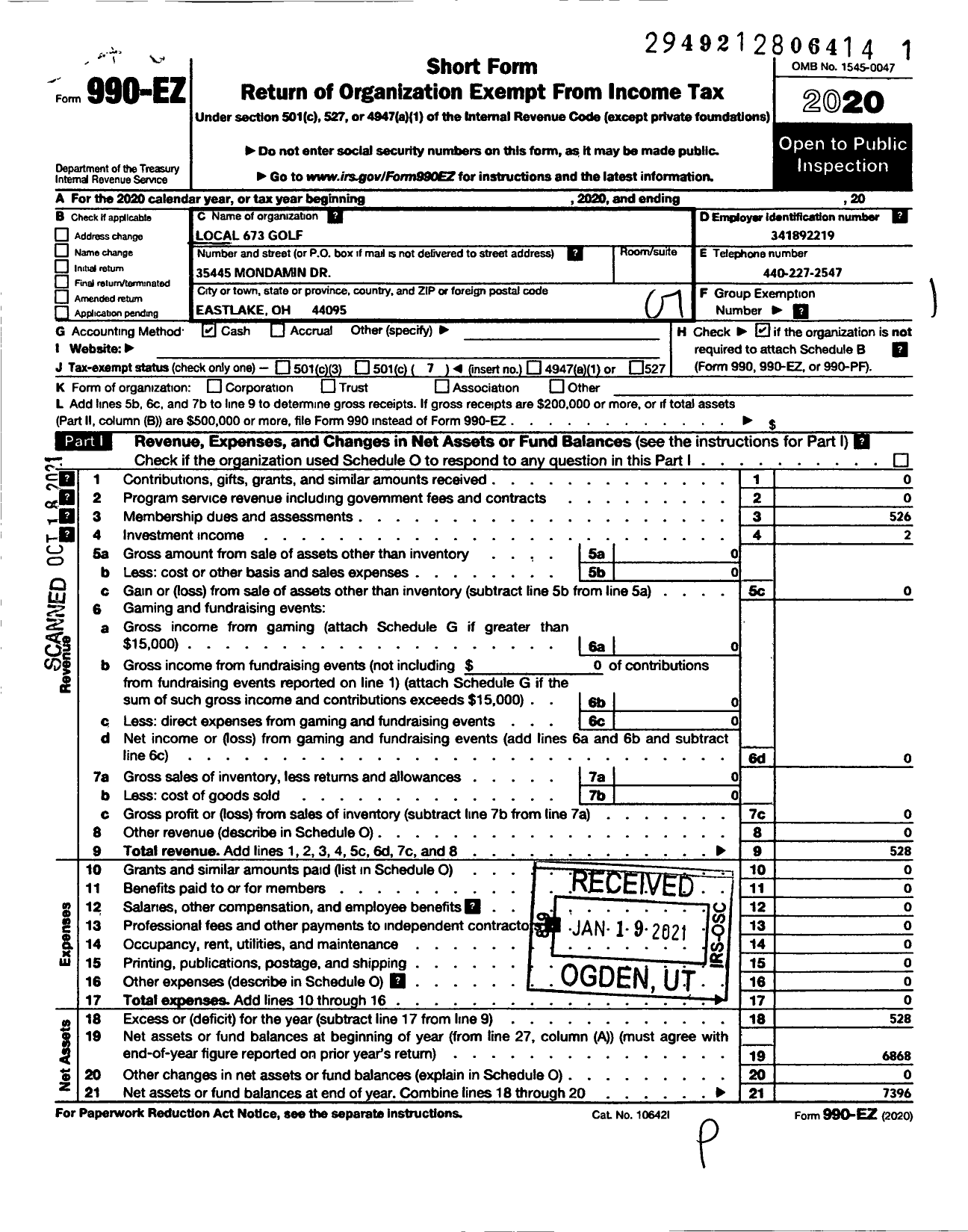 Image of first page of 2020 Form 990EO for Golf Local 673